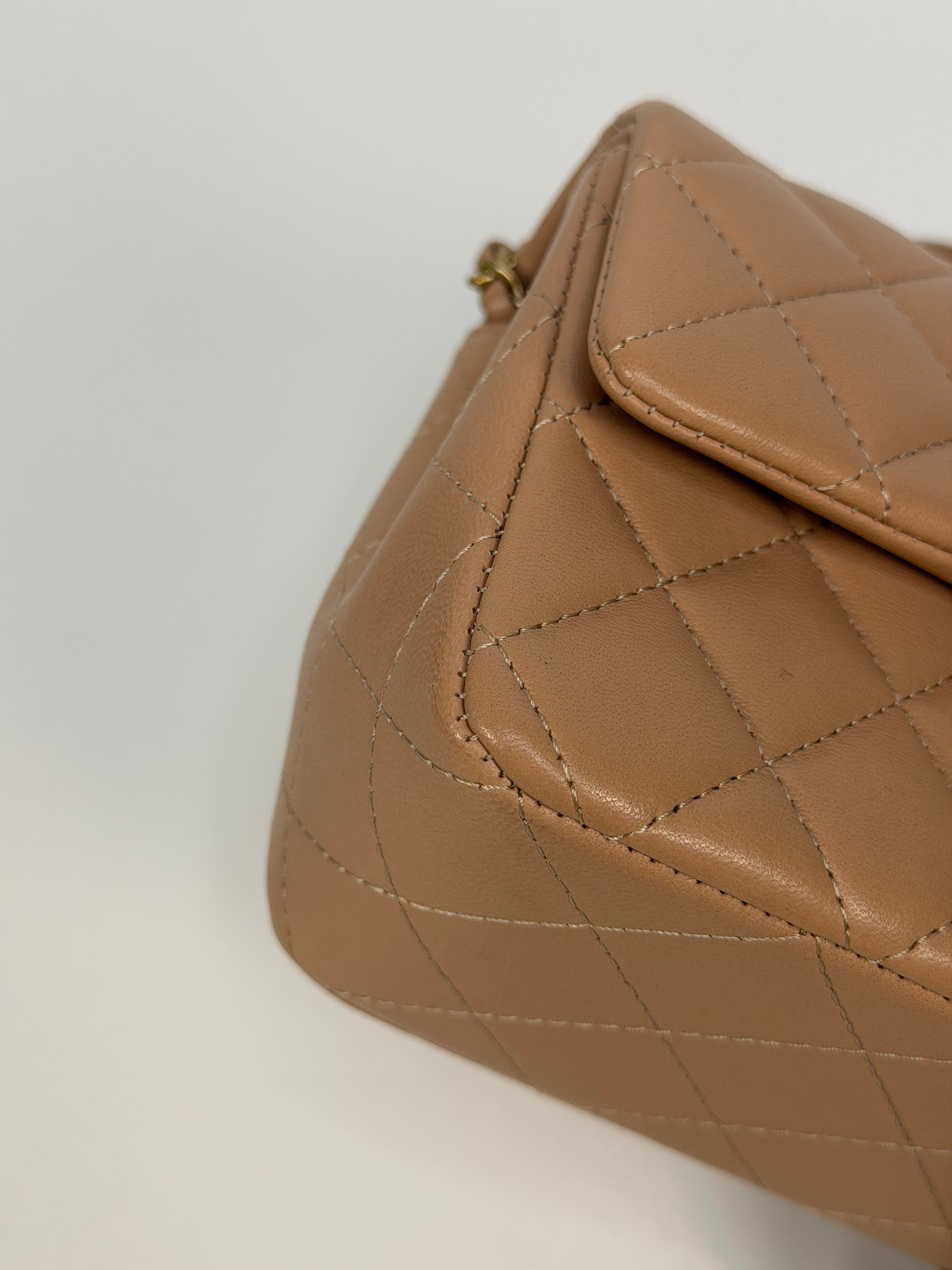 Chanel Mini Rectangle Top Handle In Beige Lambskin Leather Gold Hardware