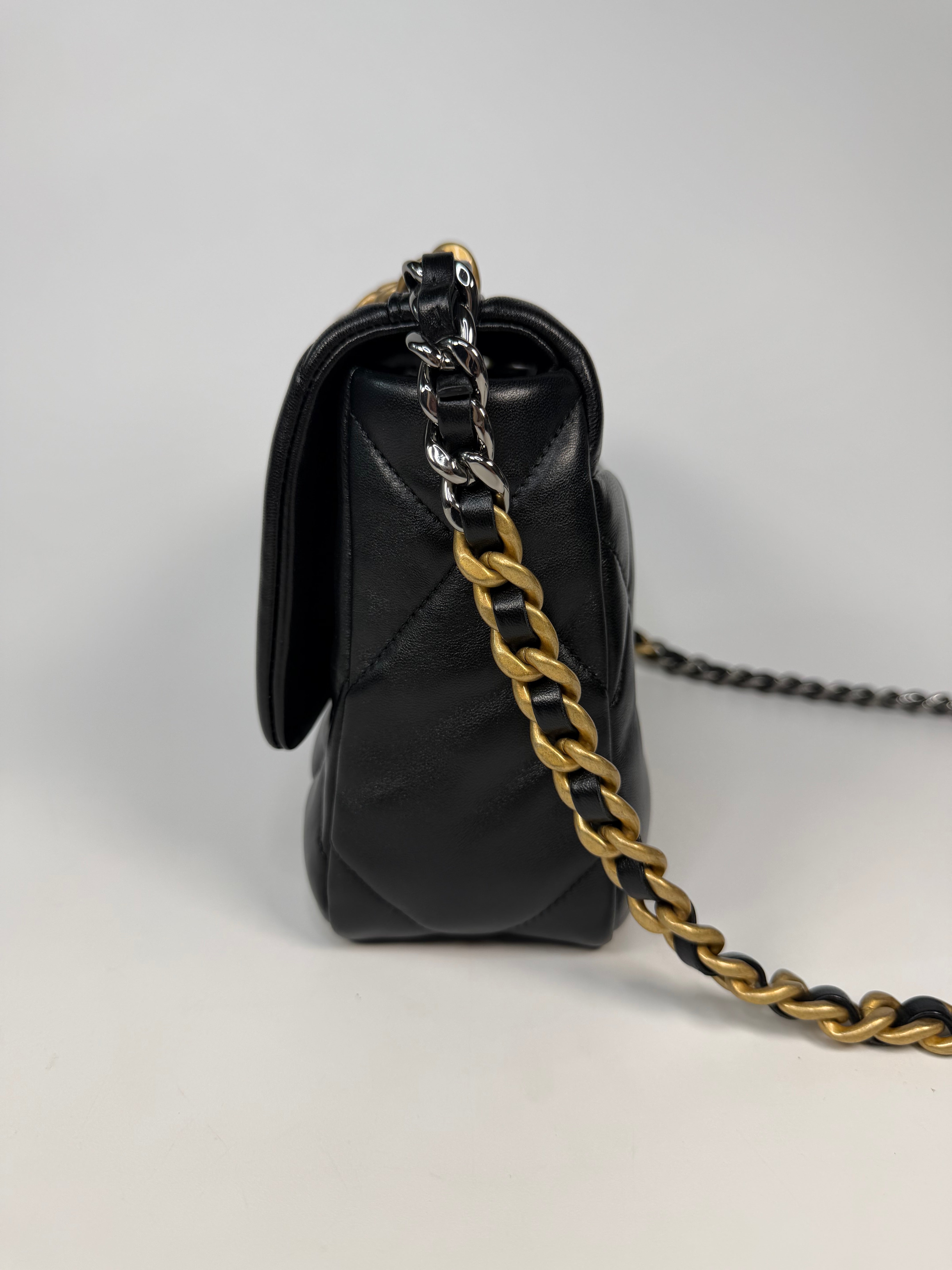 Chanel 19 Small In Black & White Leather With Mixed Hardware. Authentic and preloved in very good condition. Verified by Luxe Cheshire.