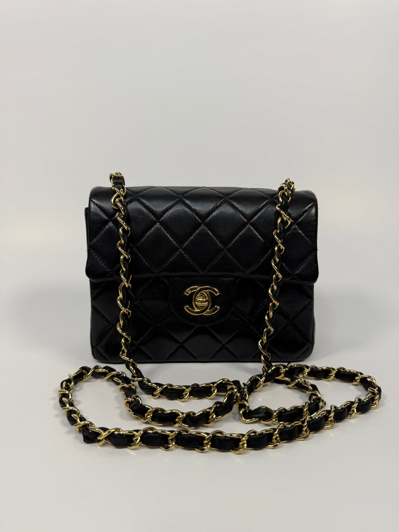 Chanel Black Square Vintage Flap Bag In Lambskin With GHW