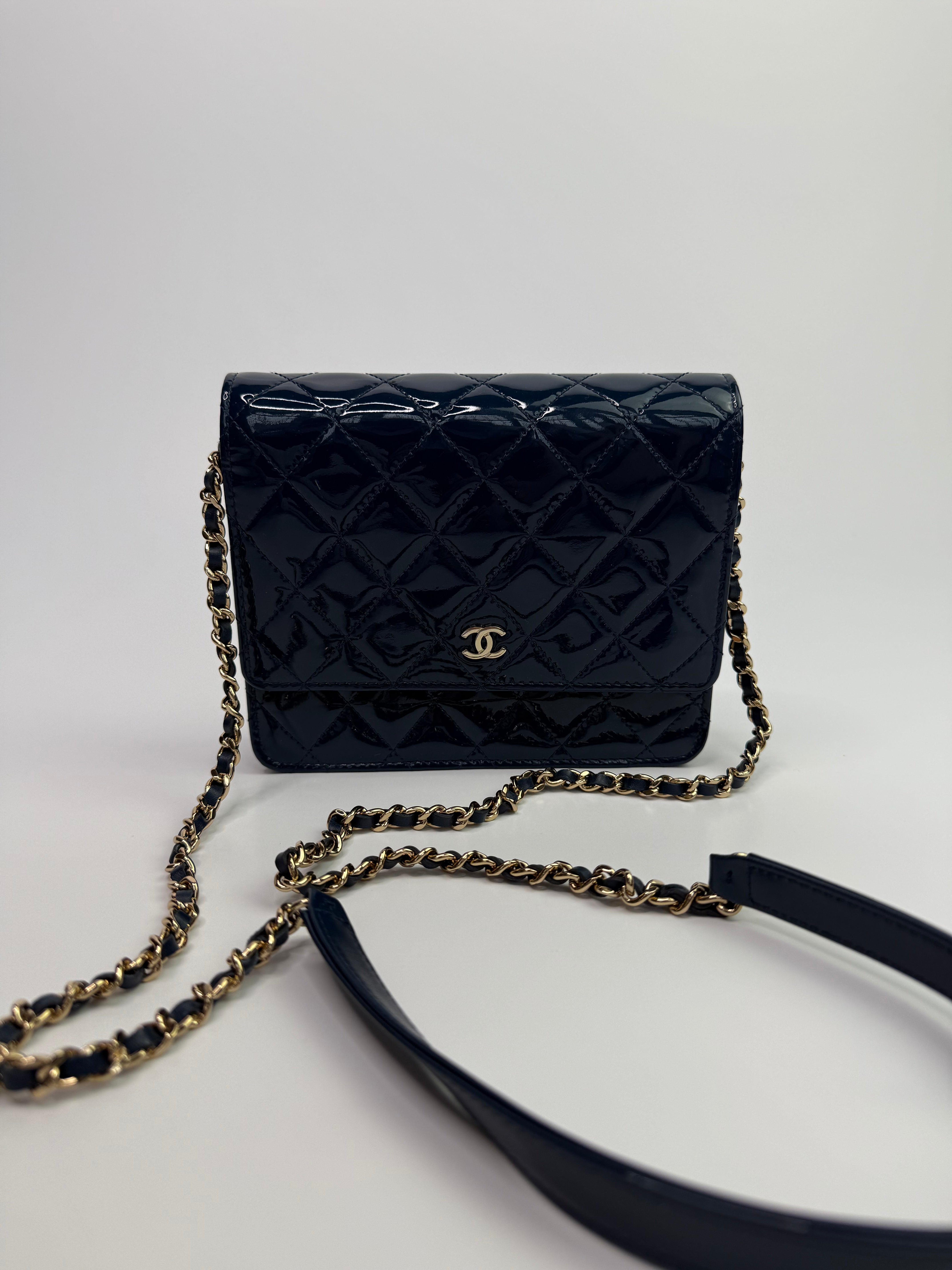 Chanel Square Wallet On Chain In Patent Navy Leather GHW
