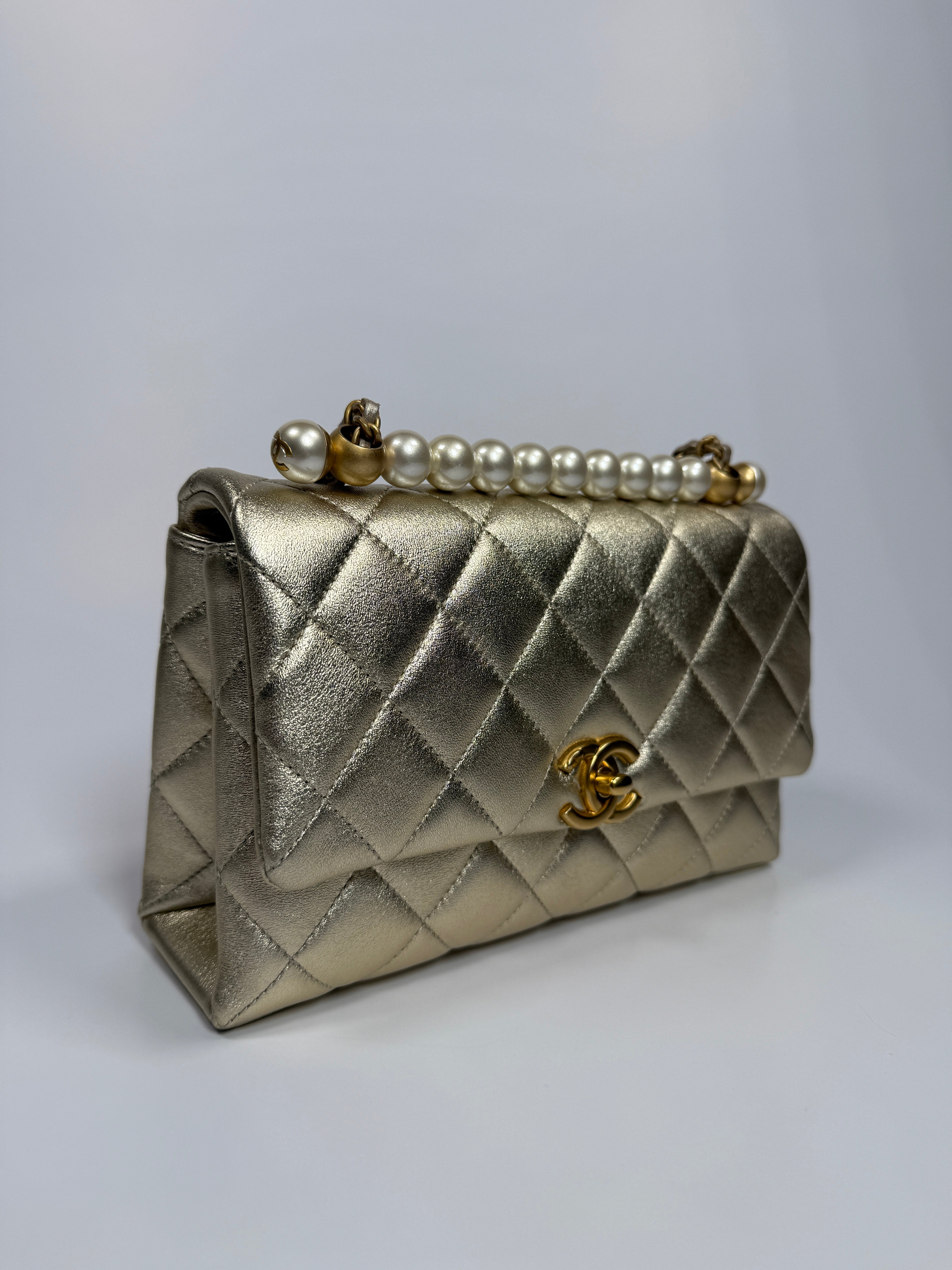 Chanel Mini Pearl Top Handle Flap Bag Metallic Gold Lambskin With GHW