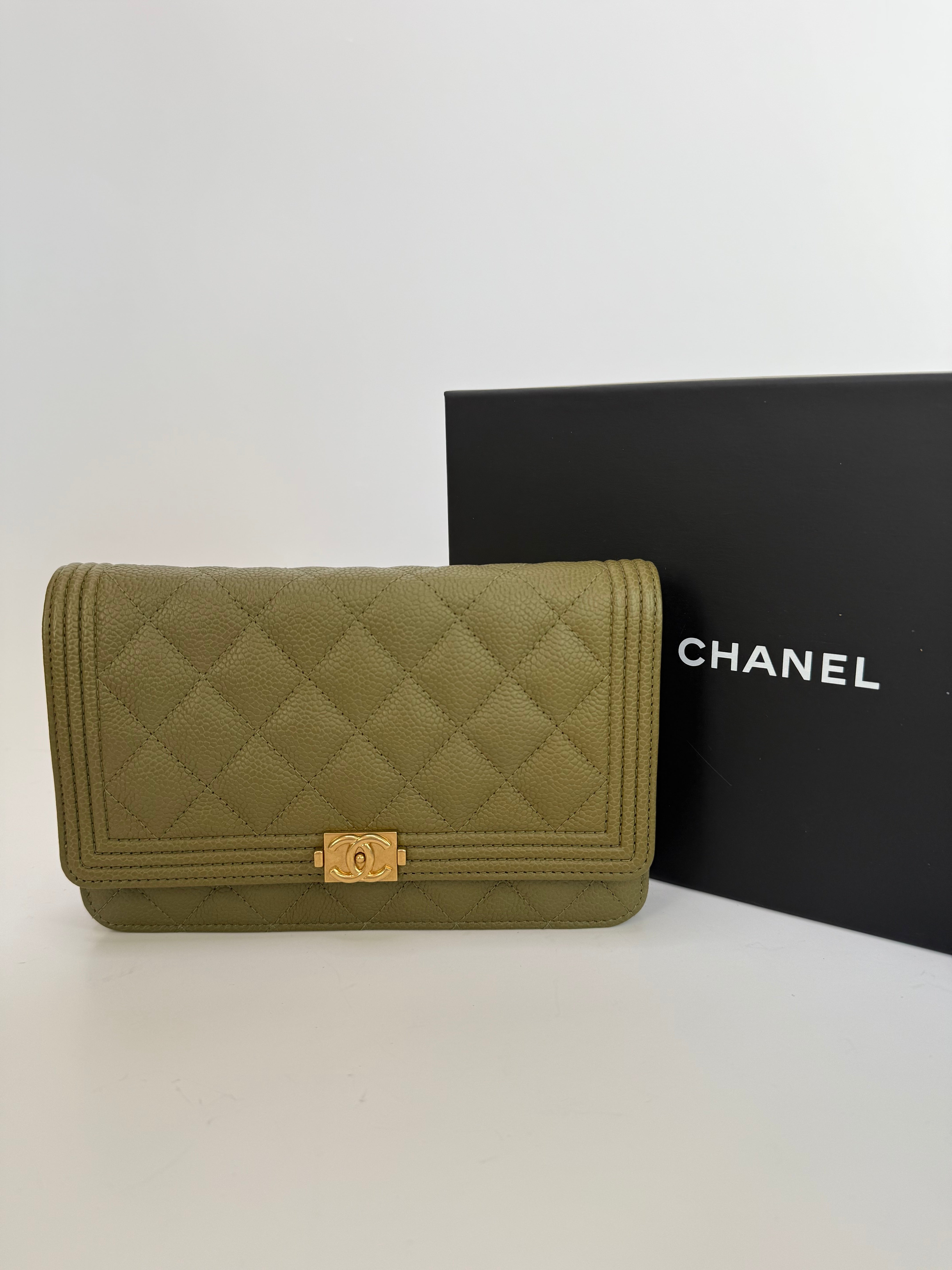 Chanel Boy Wallet On Chain In Khaki Caviar Leather With GHW