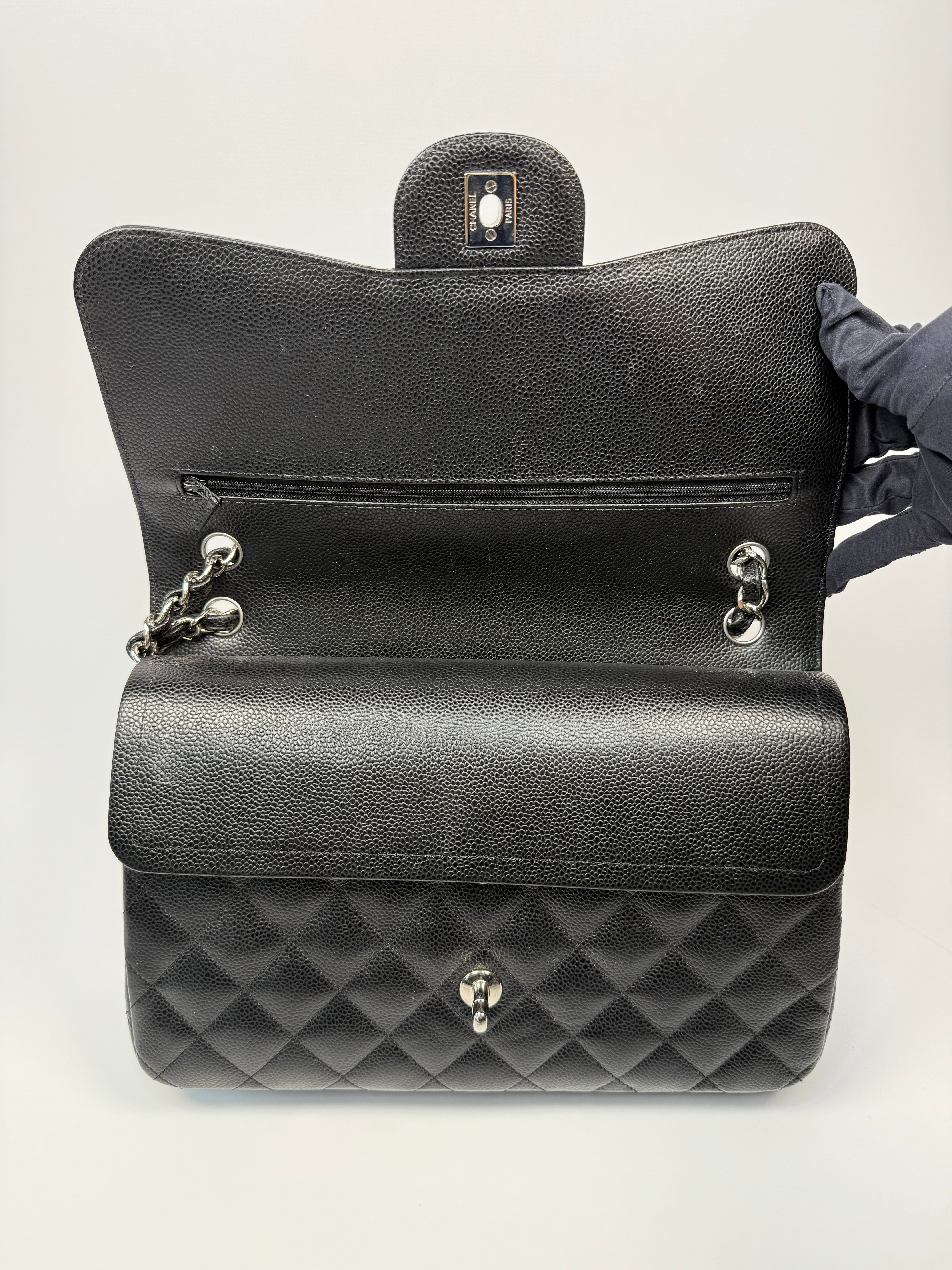 Chanel Black Caviar Leather Jumbo Classic Double Flap Silver Hardware
Pre Loved & Authentic 