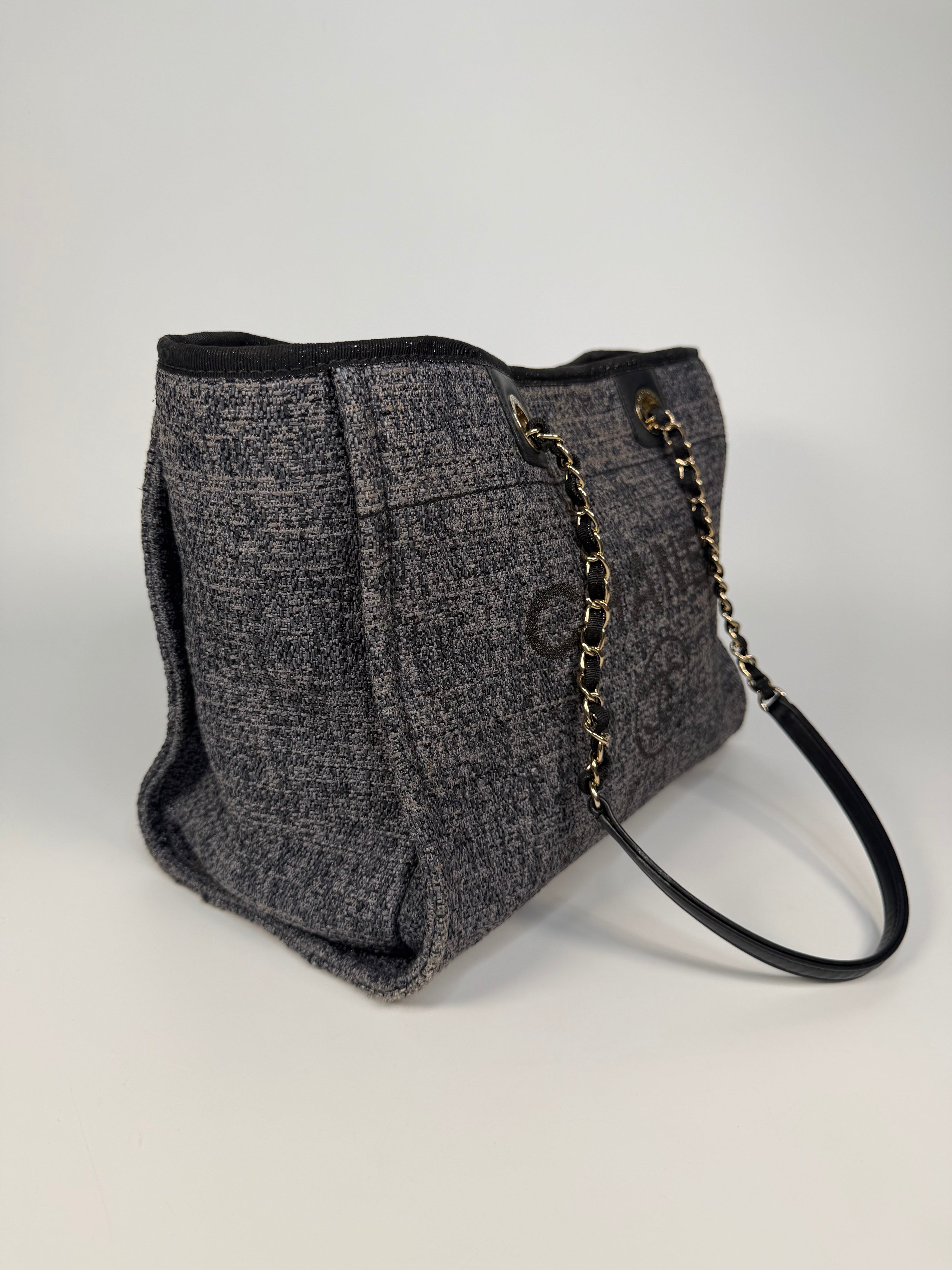 Chanel Small Deauville Tote Bag Navy / Dark Grey With Pale Gold Hardware. 100% authentic and preloved in excellent condition.
