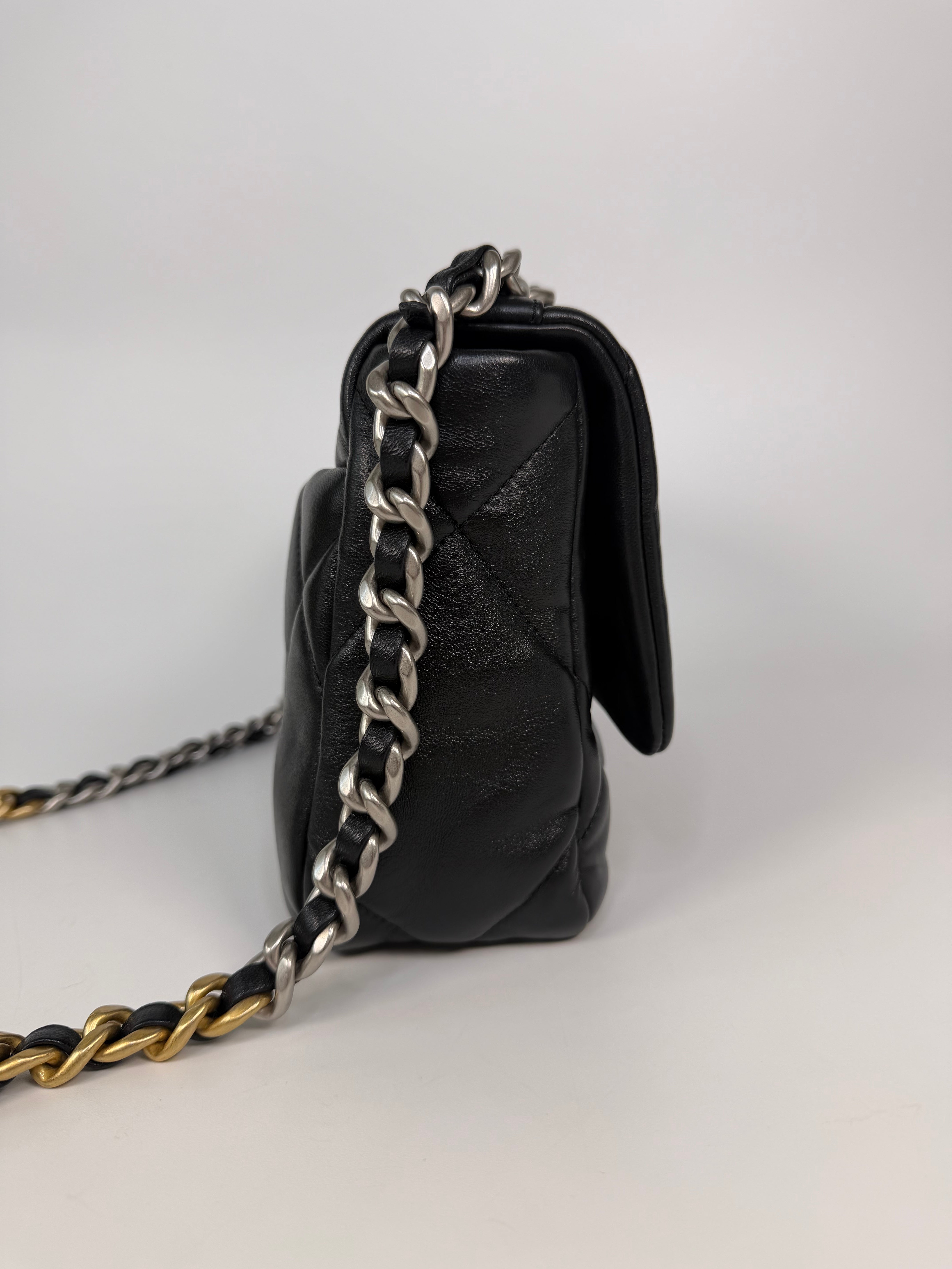 Chanel 19 Small In Black & White Leather With Mixed Hardware. Authentic and preloved in excellent condition. Verified by Luxe Cheshire.