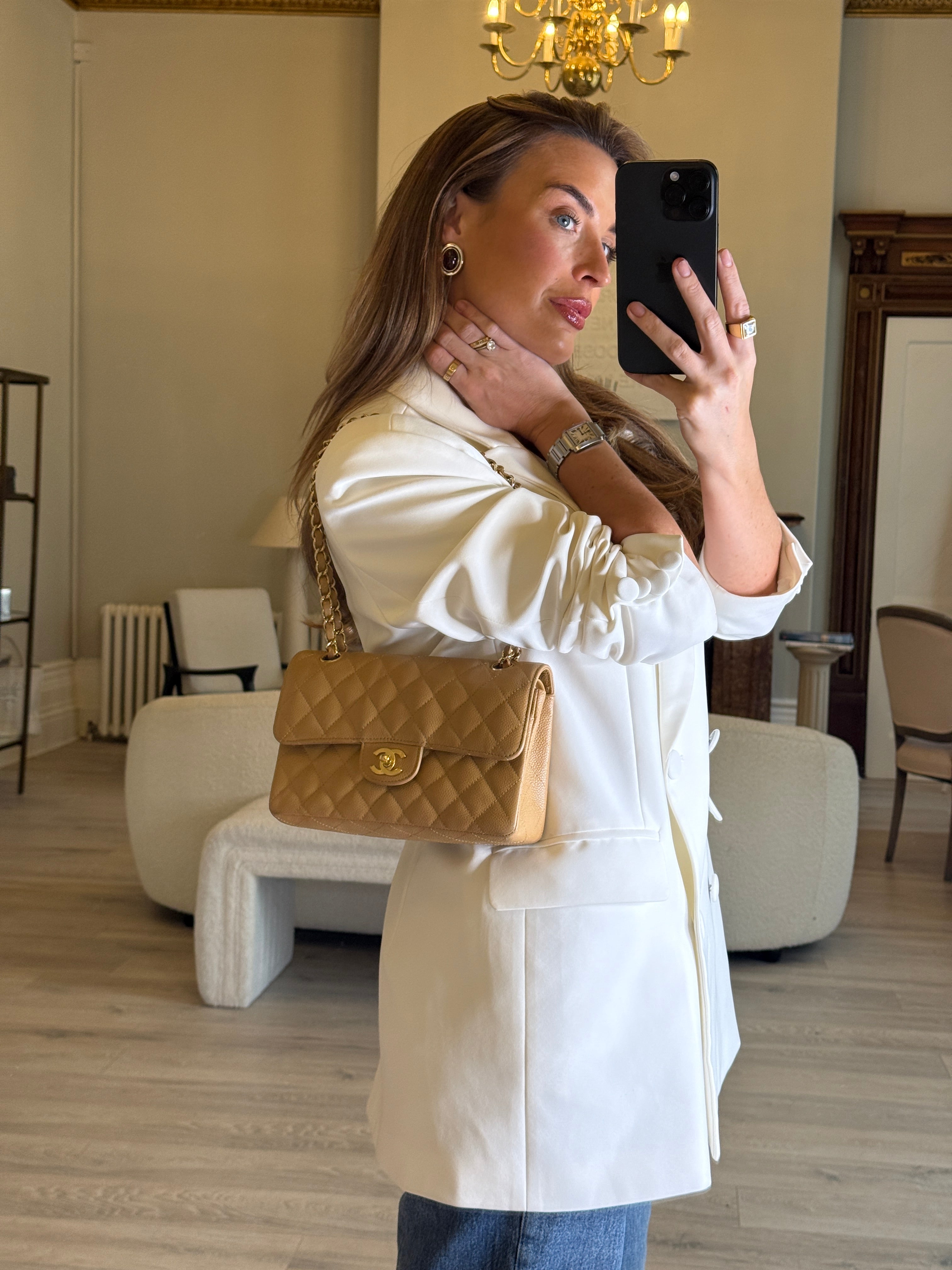 Chanel Small Classic Double Flap In Beige Caviar Leather With 24kt Gold Hardware. Authentic and Preloved. Excellent Condition, 100% Authenticity guarantee 