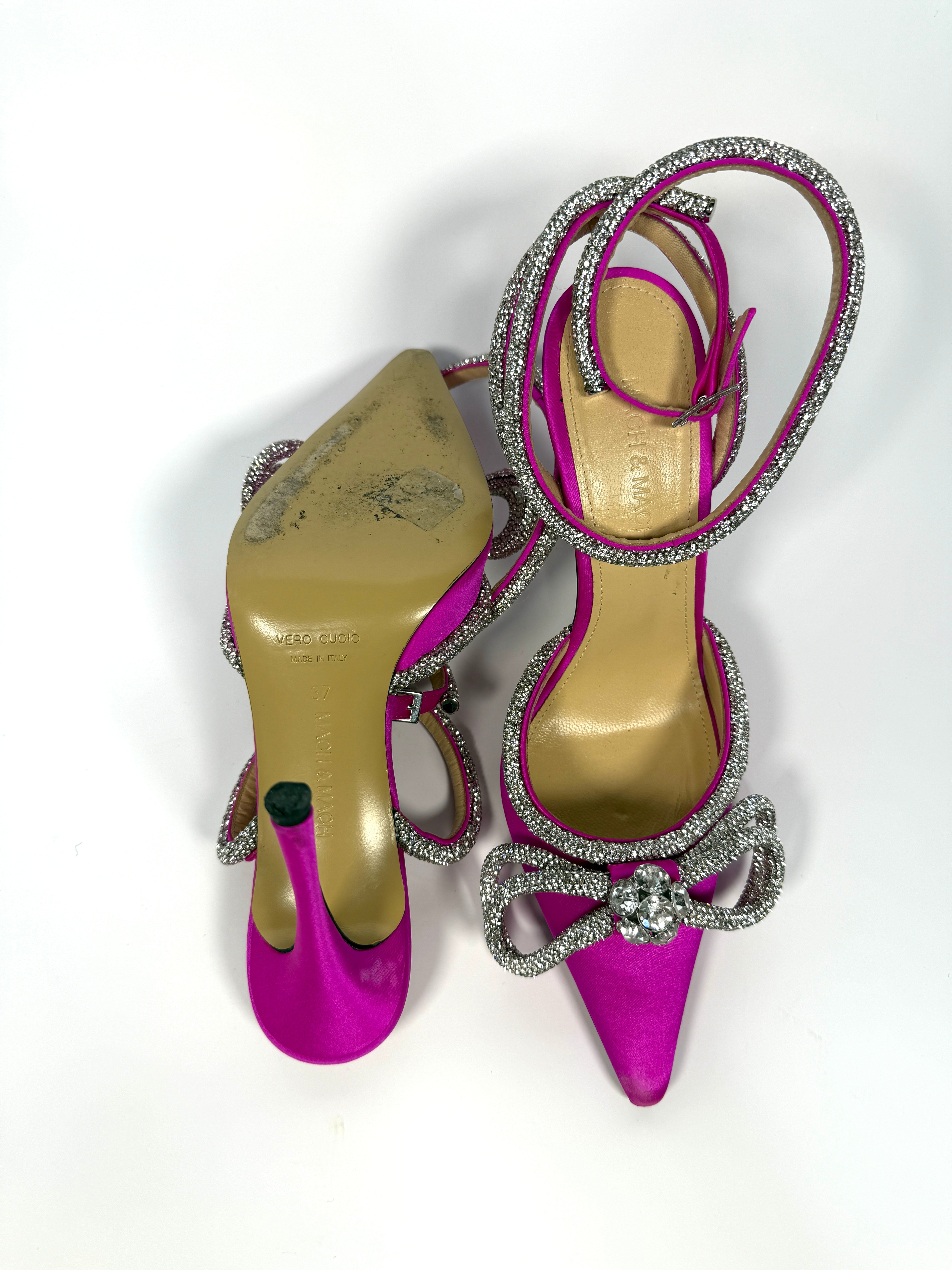 Mach & Mach Bow Crystal-Embellished Pink Satin Heeled Sandals (Size 37/UK5) Very Good Condition. Authentic and pre loved. 