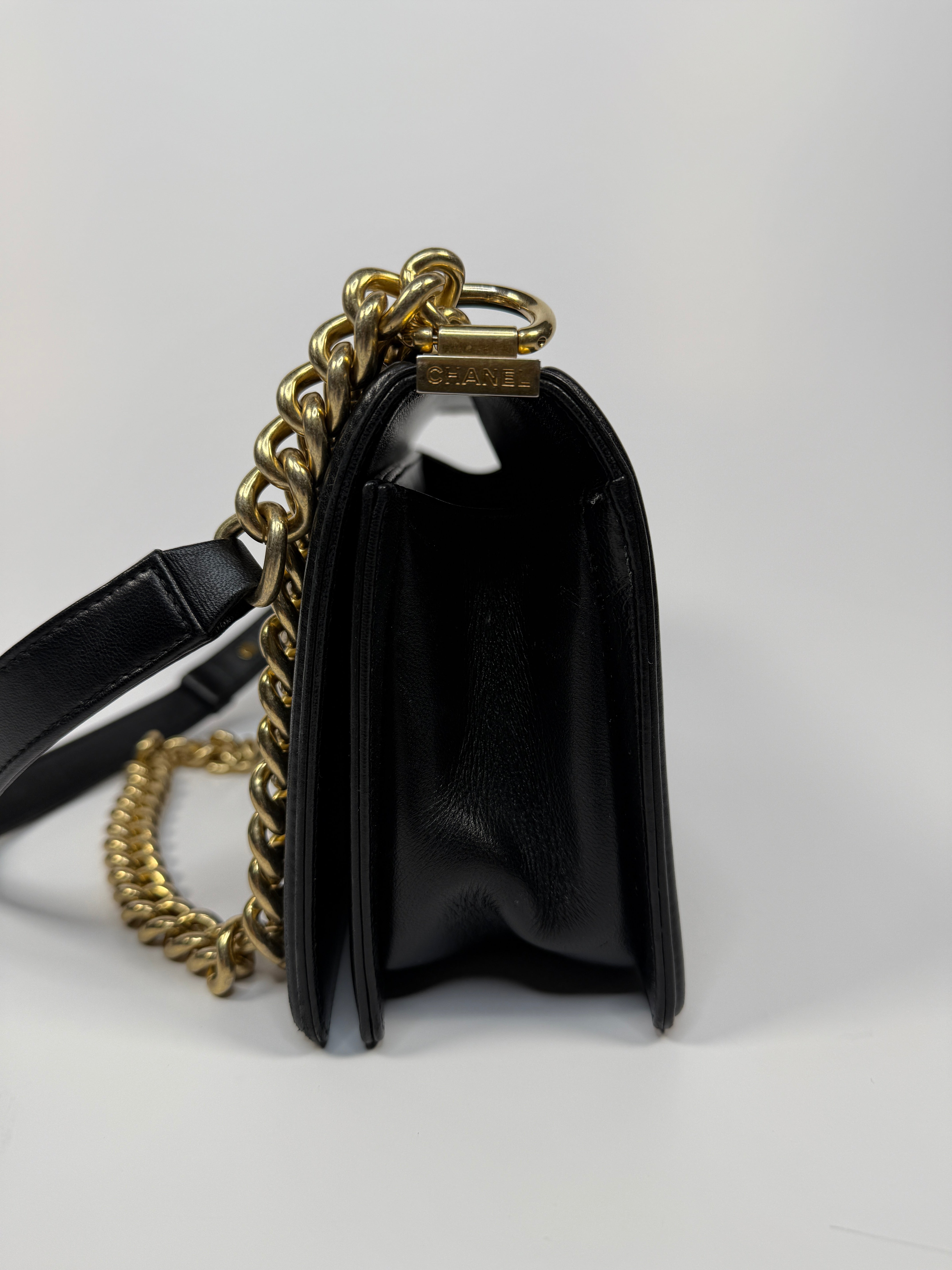 Chanel Black Chevron Fabric & Lambskin Leather Medium Boy Bag With Gold Hardware. Very Good Condition. Authentic and preloved. 