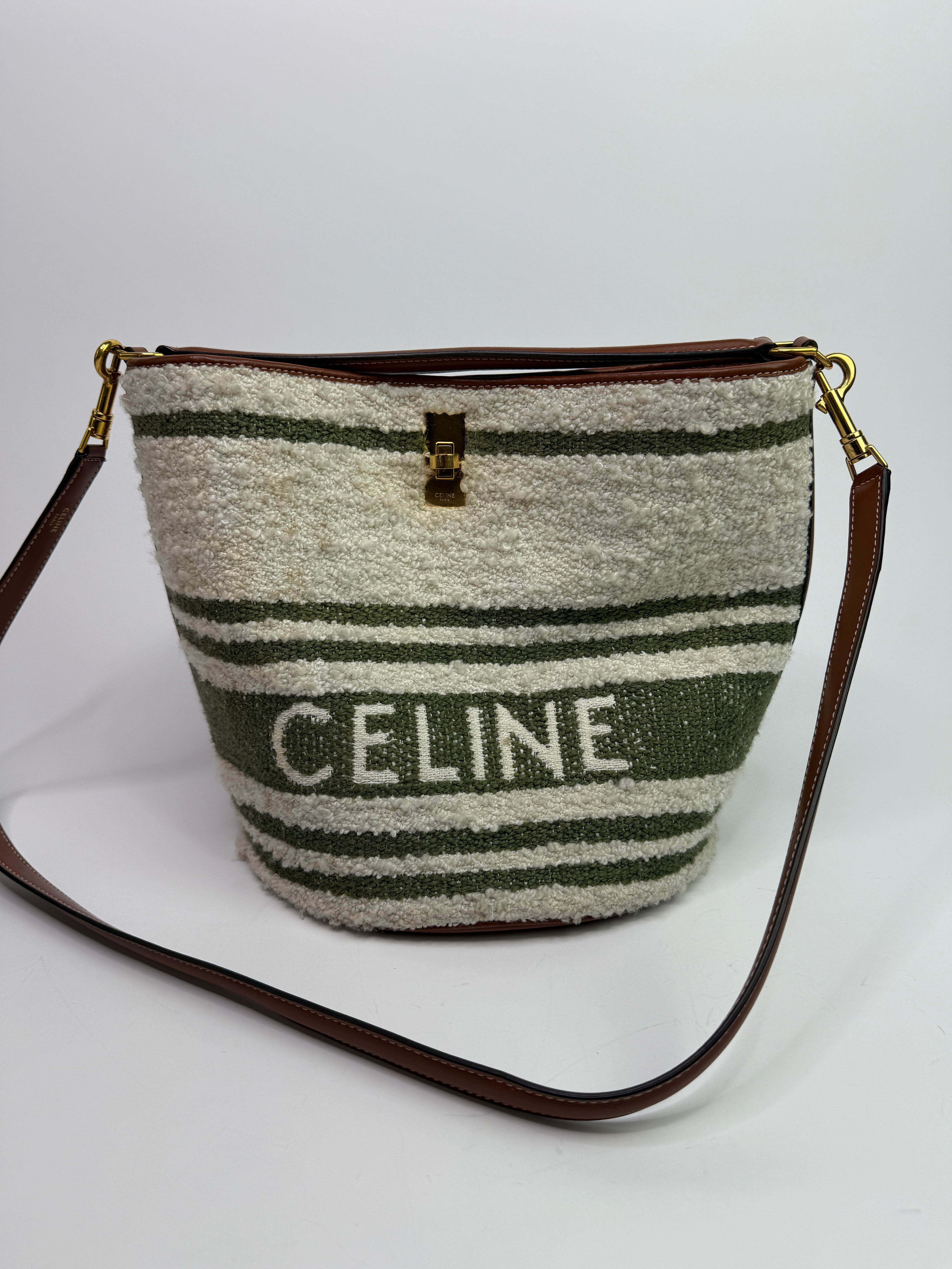 Celine Striped Tweed and Leather 16 Bucket Bag