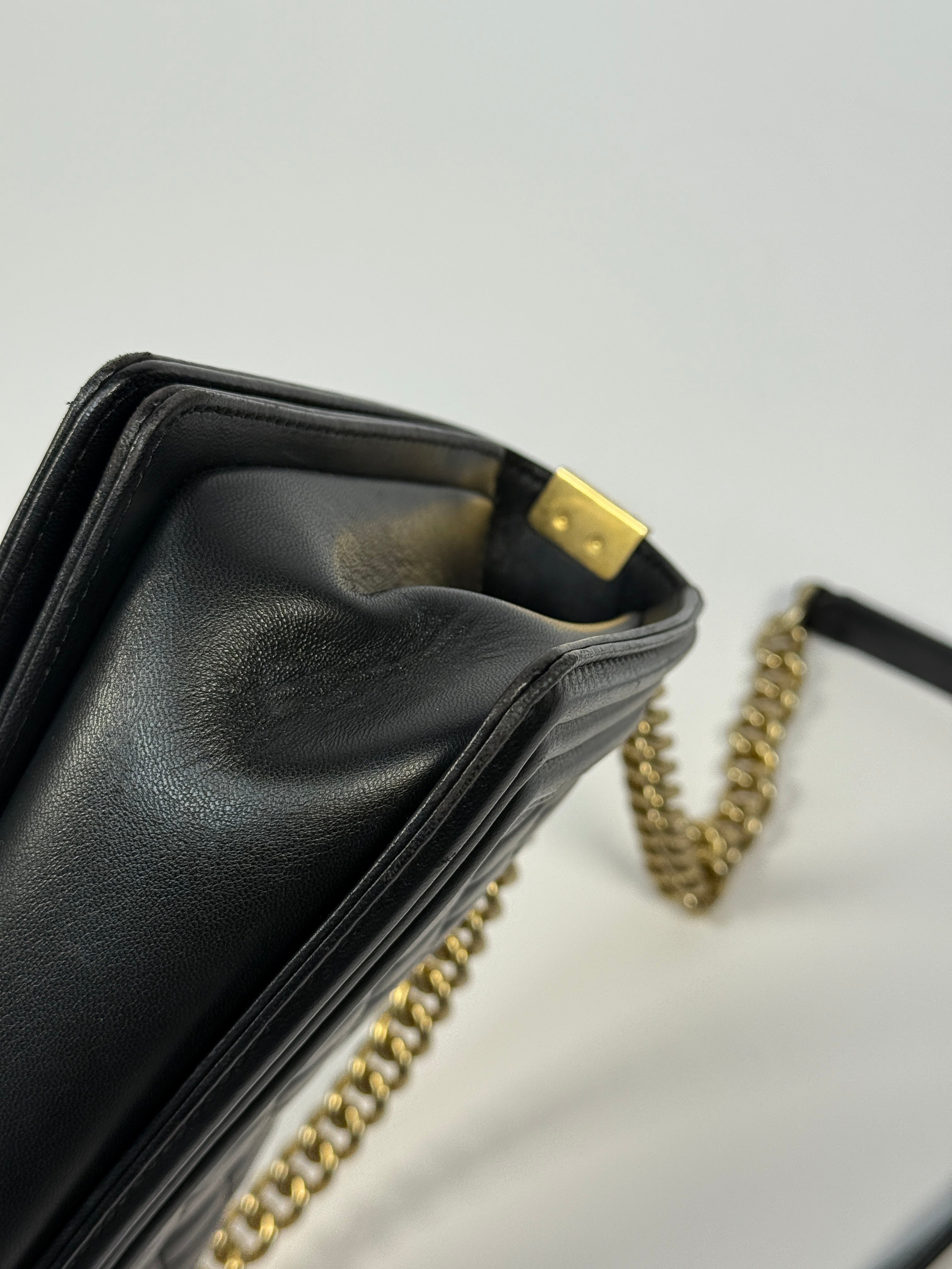 Chanel Boy Bag Medium In Black Lambskin Leather With Gold Hardware 
Pre Loved & Authentic 