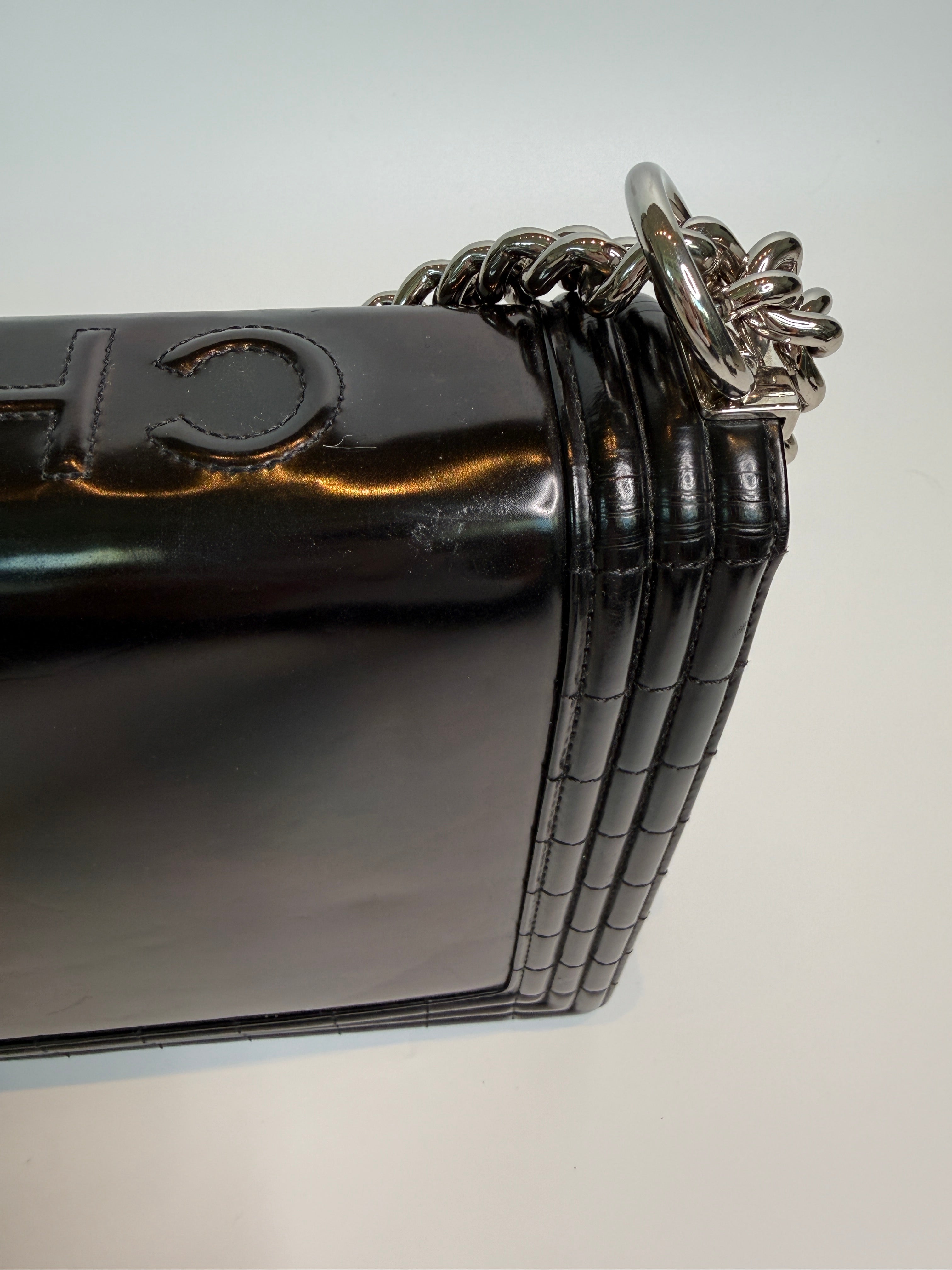 Authentic Pre Loved Chanel Large Boy Bag In Black Patent Leather With Silver Hardware