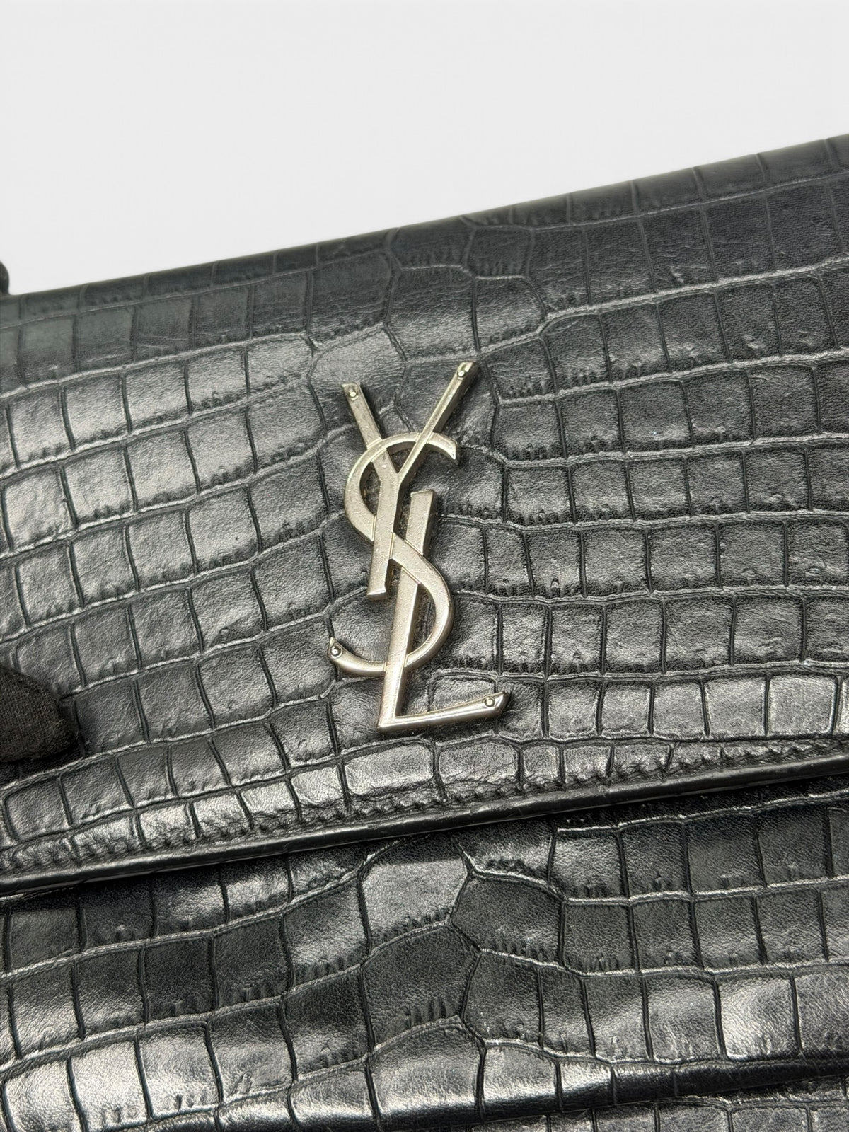Saint Laurent Sunset Bag In Noir Croc Embossed Leather Silver Hardware