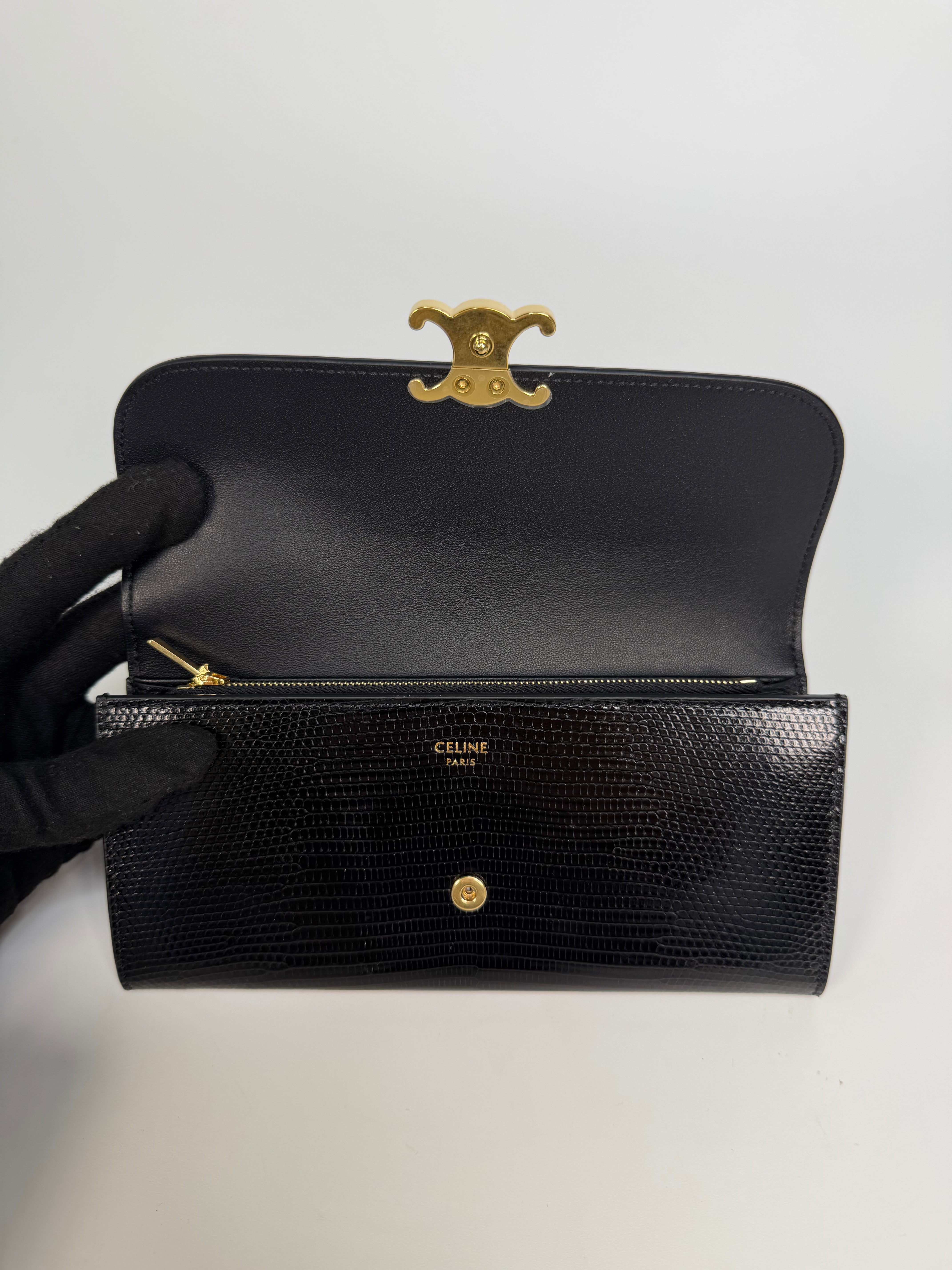Celine Triomphe Wallet In Black Lizard Embossed Calfskin Gold Hardware. Authentic and preloved in excellent condition