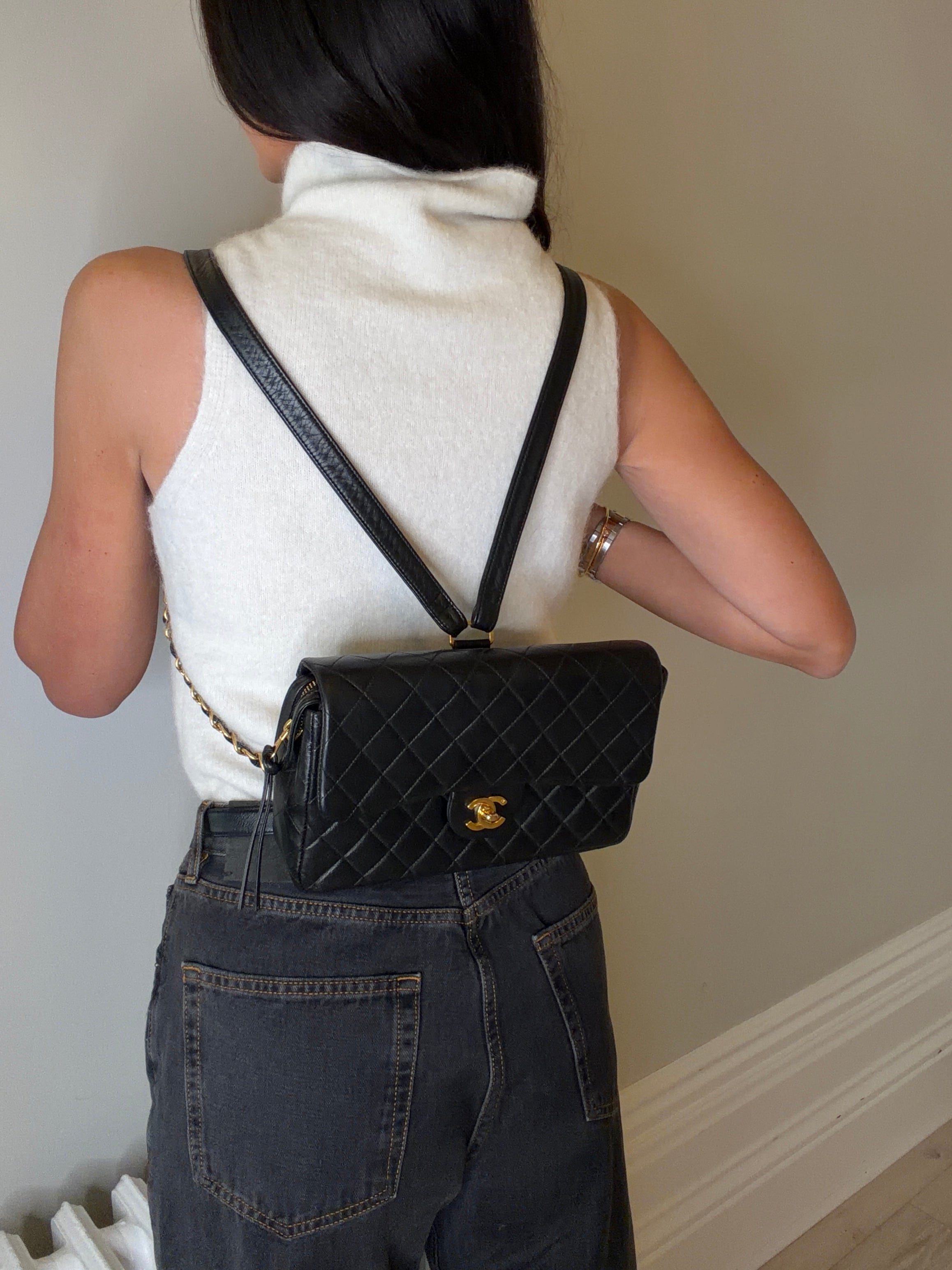 Chanel Medium Classic Vintage  Backpack In Black Lambskin With 24kt Gold Hardware, Authentic And Preloved In Excellent Condition