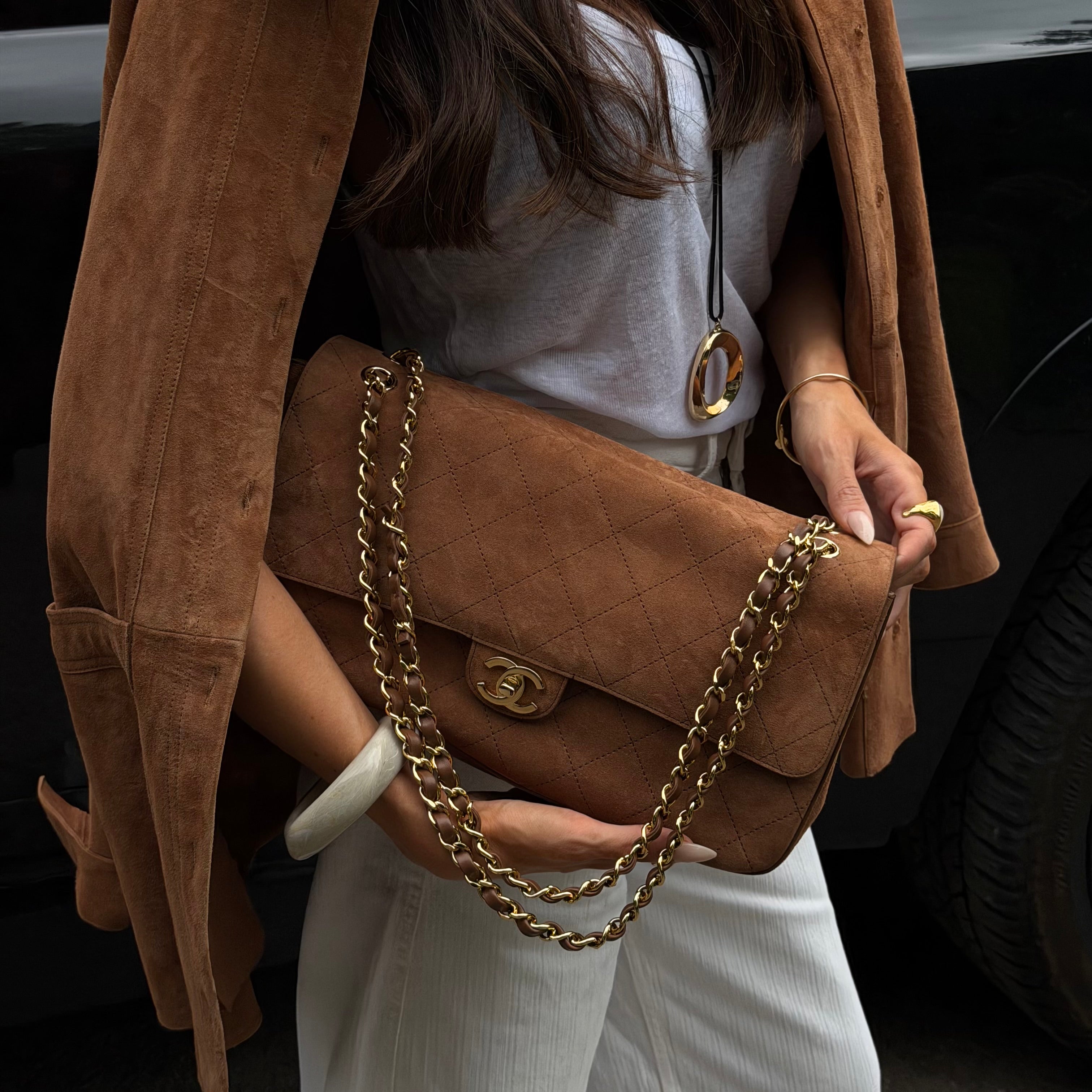 Chanel Maxi Flap In Tan Suede With Gold Hardware