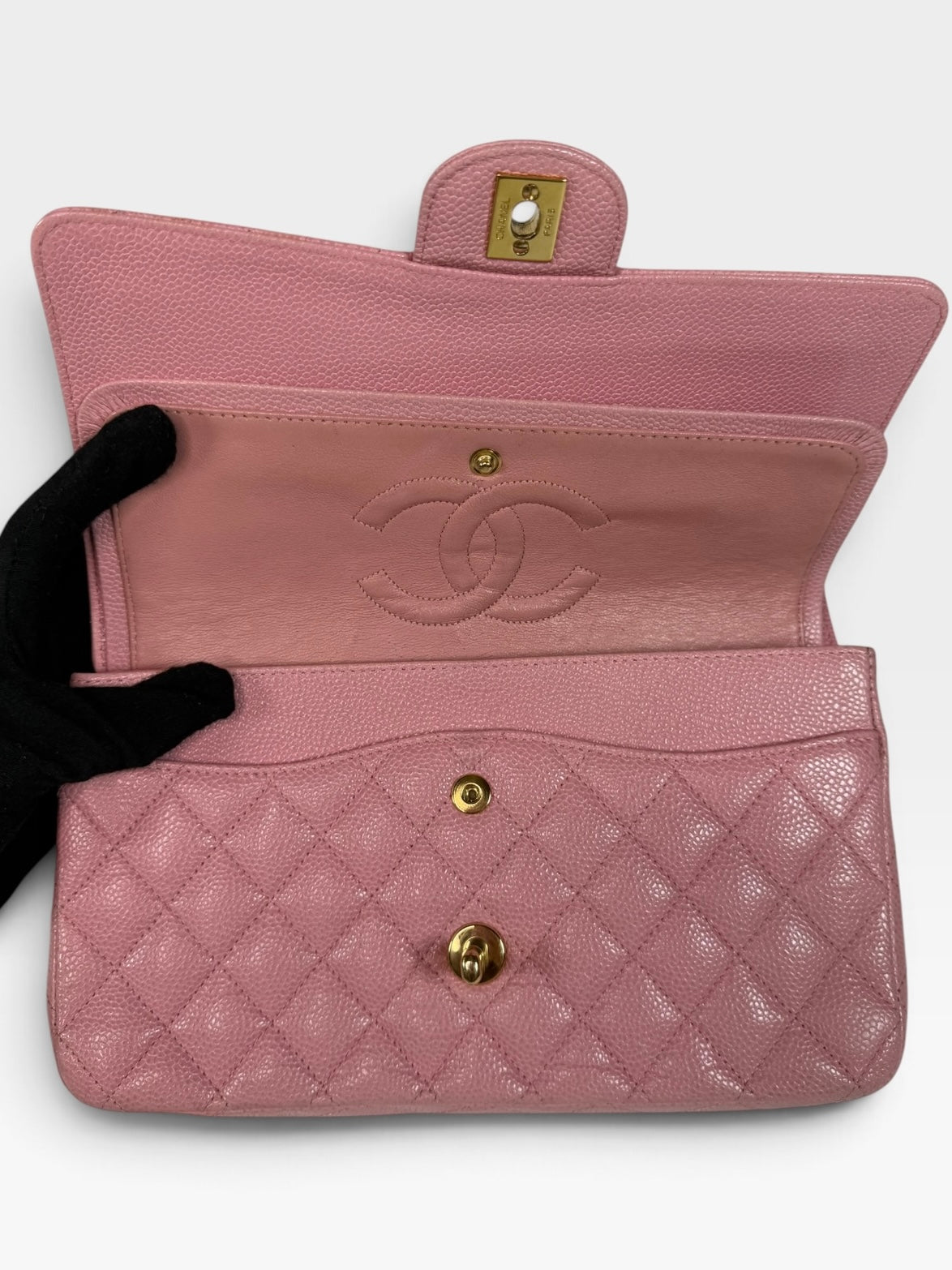 Chanel Vintage Medium Classic Double Flap In Pink Caviar Leather With 24Kt Gold Hardware 100% authentic and preloved in excellent condition