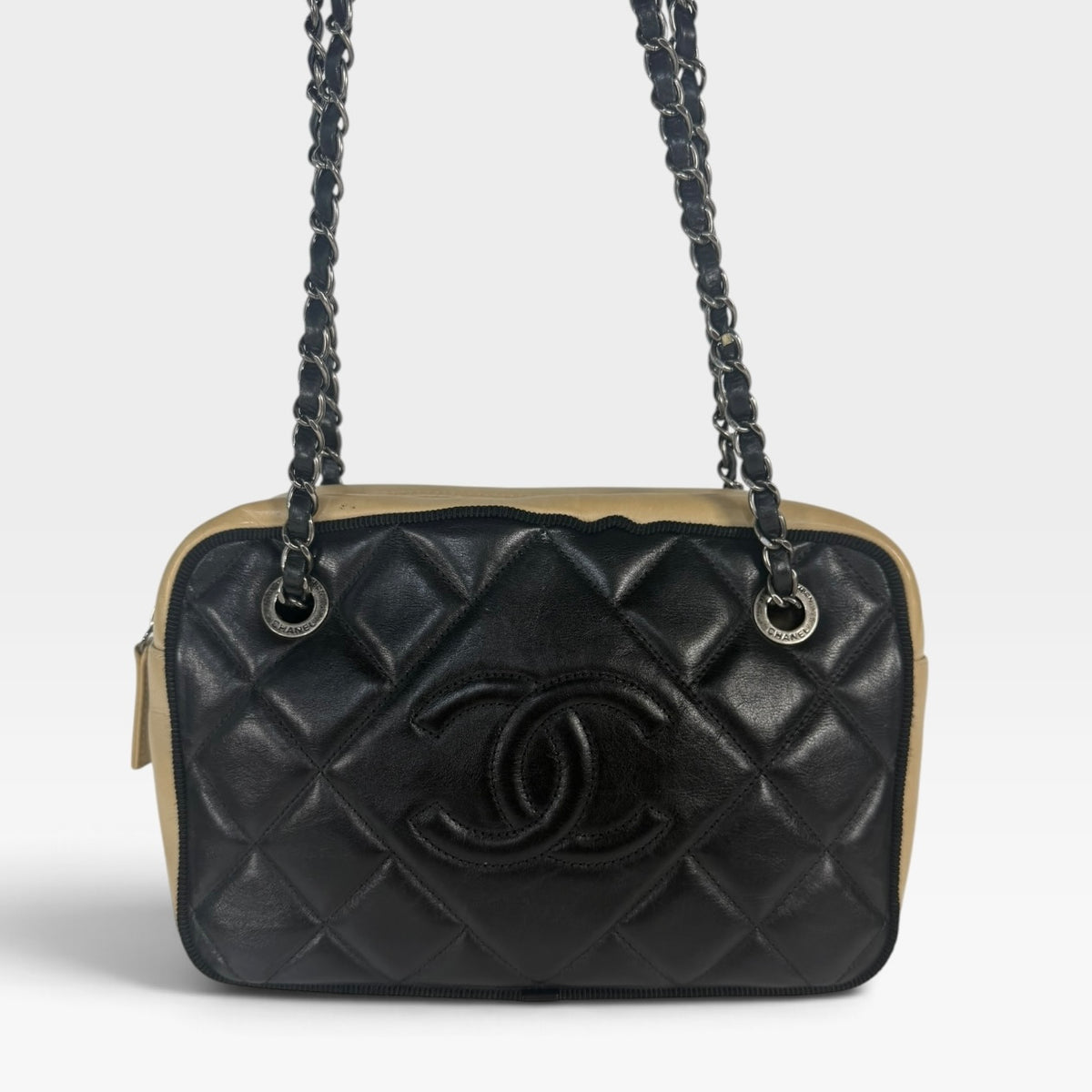 Chanel Cambon Bag In Cream and Black Lambskin Leather Ruthenium Hardware 100% authentic and preloved in excellent condition