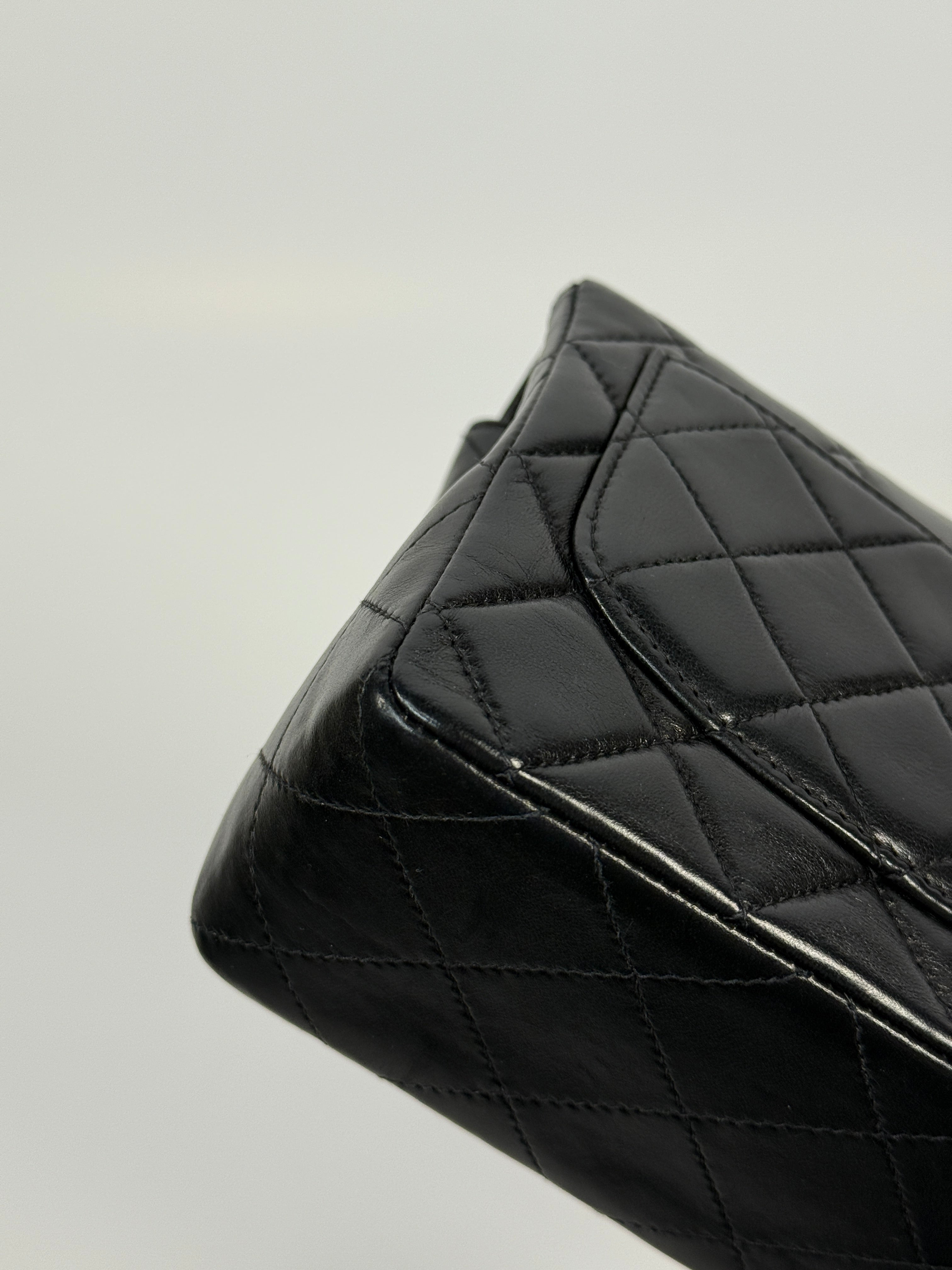 Chanel Black Square Vintage Flap Bag In Lambskin With Gold Hardware
Pre Loved & Authentic 