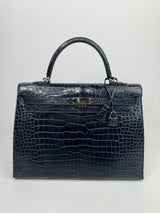 Hermès Kelly 35 In Bleu Crocodile Porosus Lisse With PHW