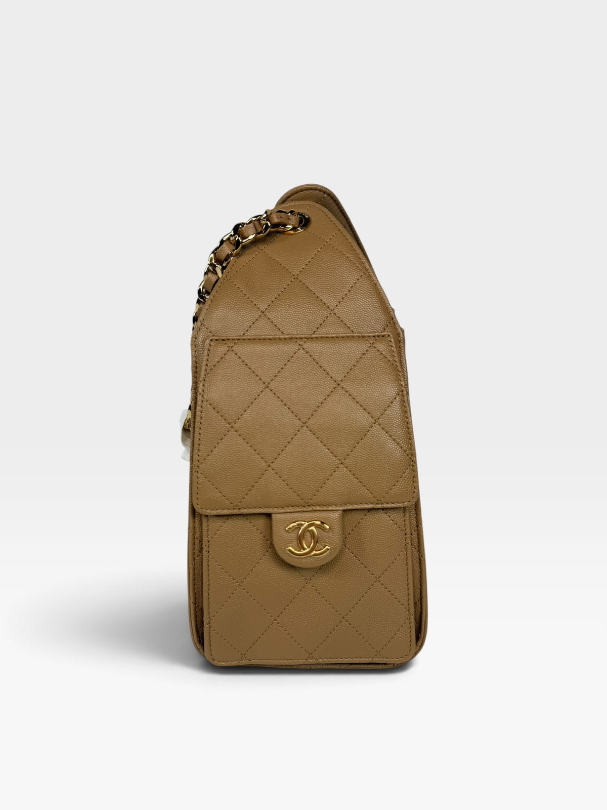Chanel 25 Small In Brown Caviar Leather With Gold Hardware. 100% authentic and preloved in new and unused condition