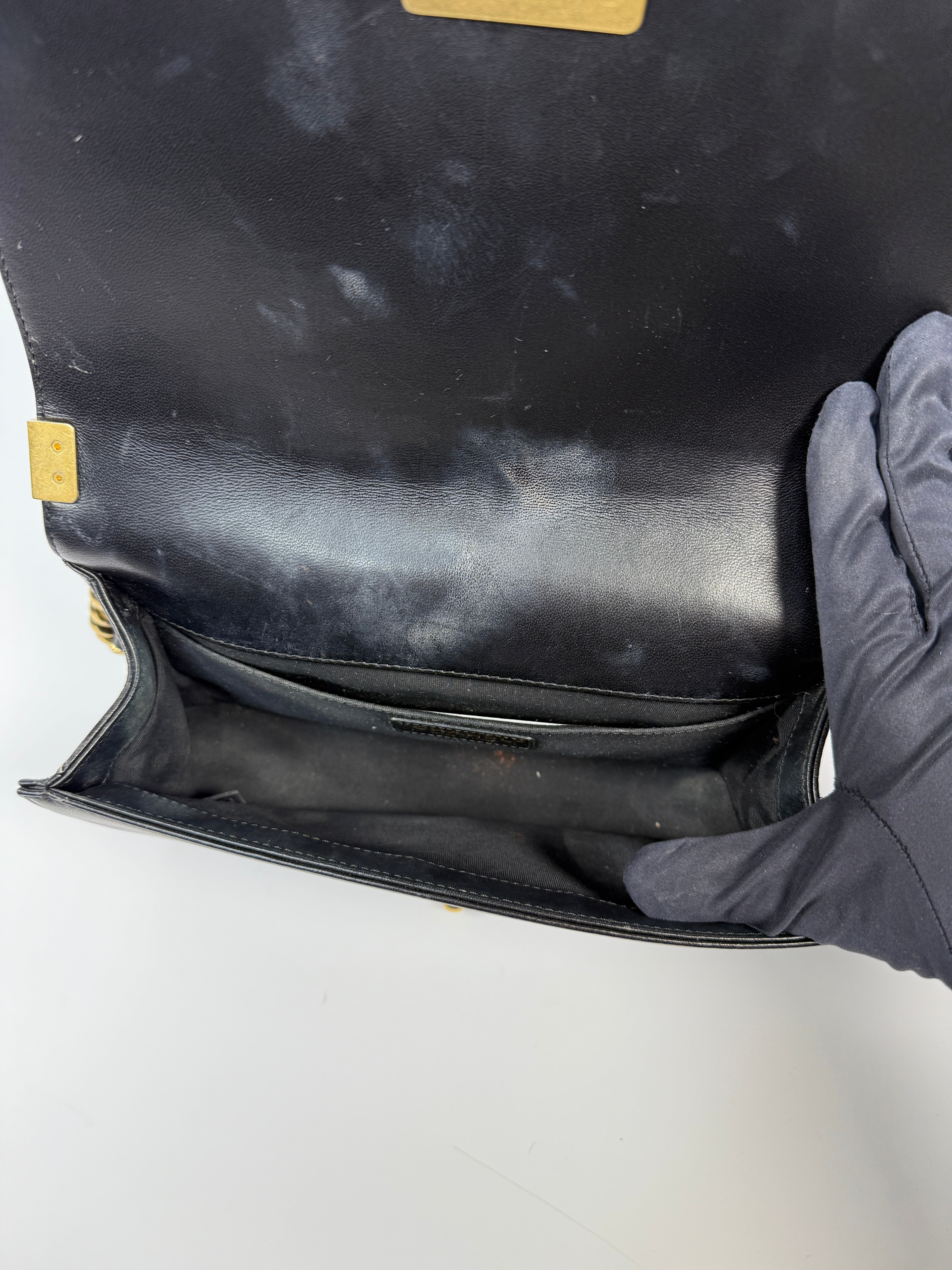 Chanel Black Chevron Fabric & Lambskin Leather Medium Boy Bag With Gold Hardware. Very Good Condition. Authentic and preloved. 