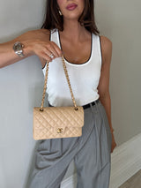 Chanel Small Classic Double Flap In Beige Lambskin With GHW