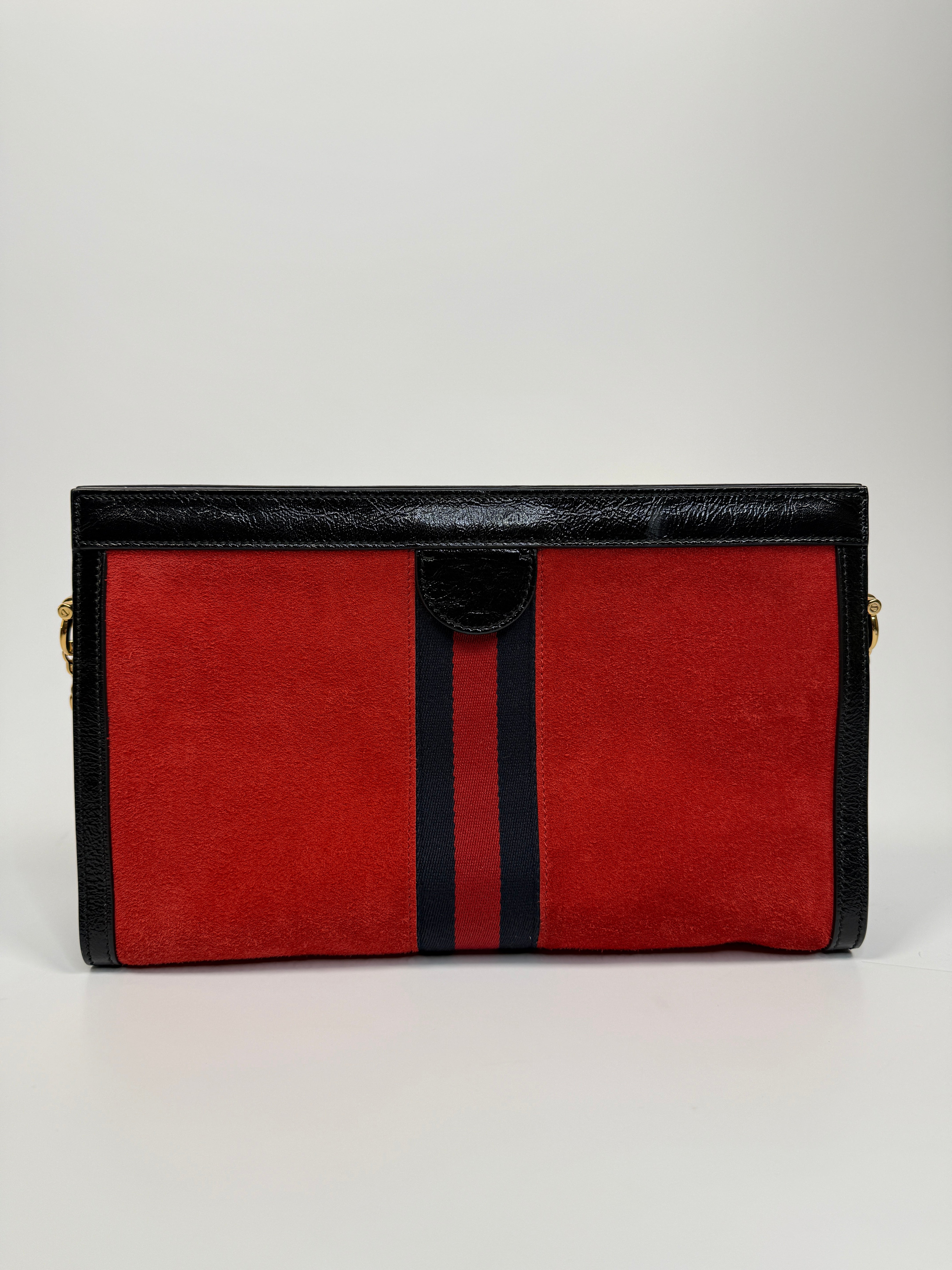 Gucci Small Suede Ophidia Chain Bag In red Suede and Black Patent Leather with gold hardware very good condition. Authentic and pre loved 