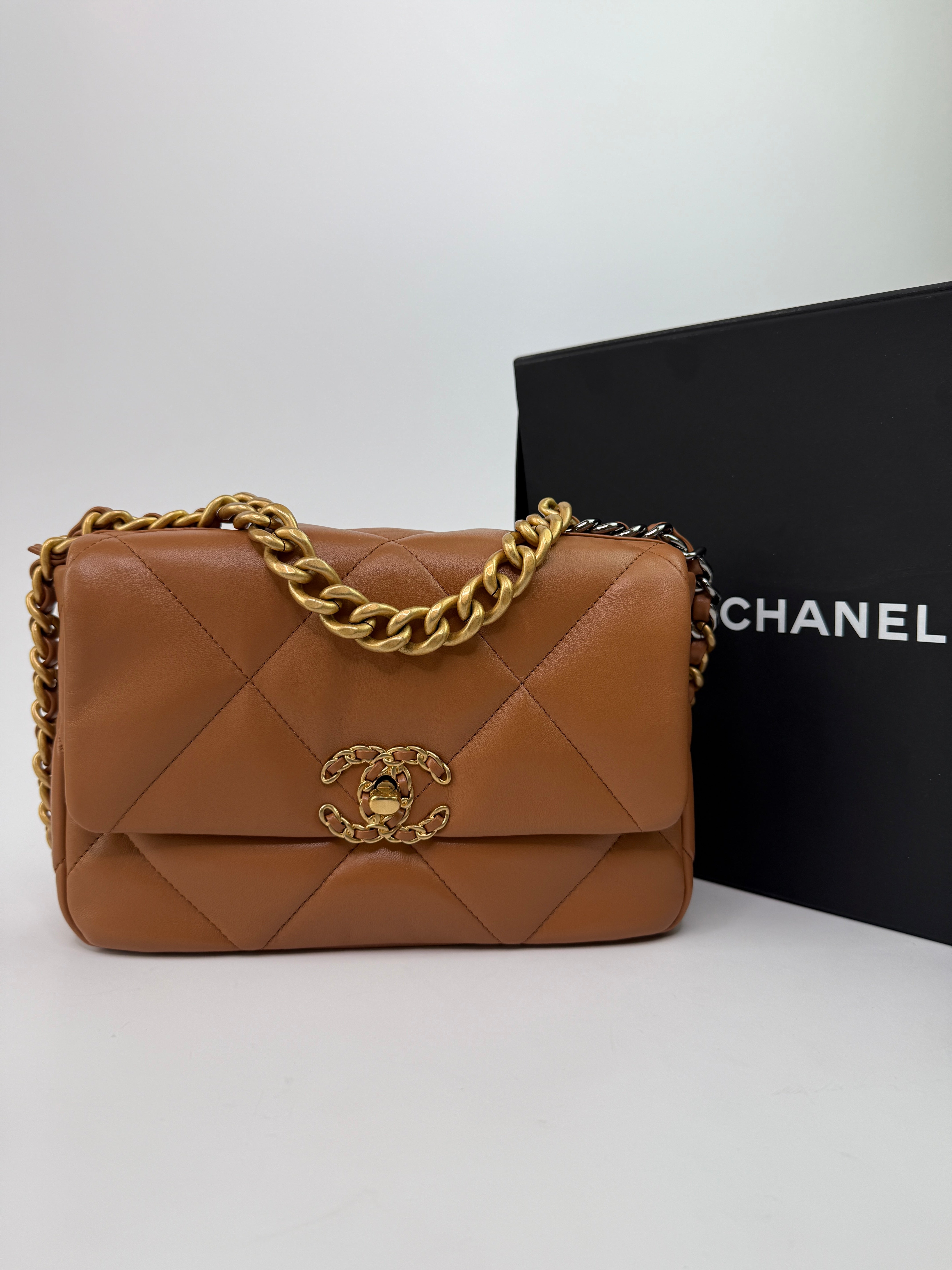 Chanel 19 Small Flap Bag In Camel Lambskin Leather