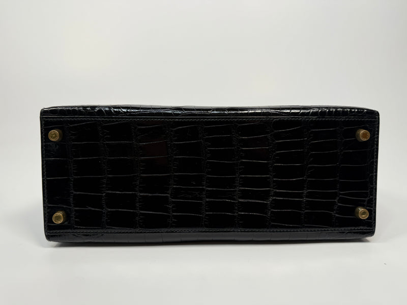 Hermès Vintage Kelly 28 In Shiny Black Crocodile With GHW