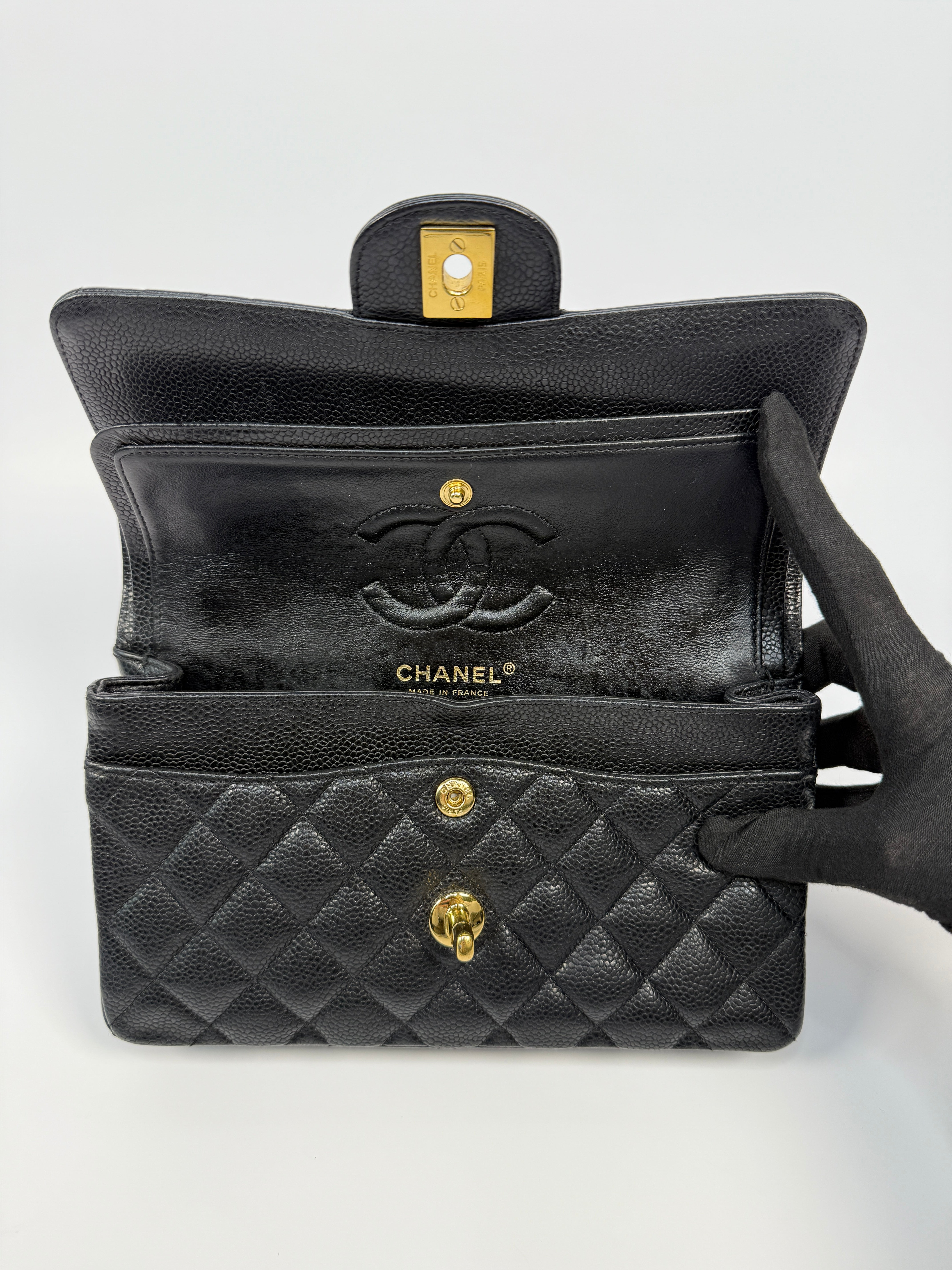 Chanel Small Vintage Classic Double Flap In Black Caviar Leather With Gold Hardware, Authentic And Preloved In Excellent Condition
