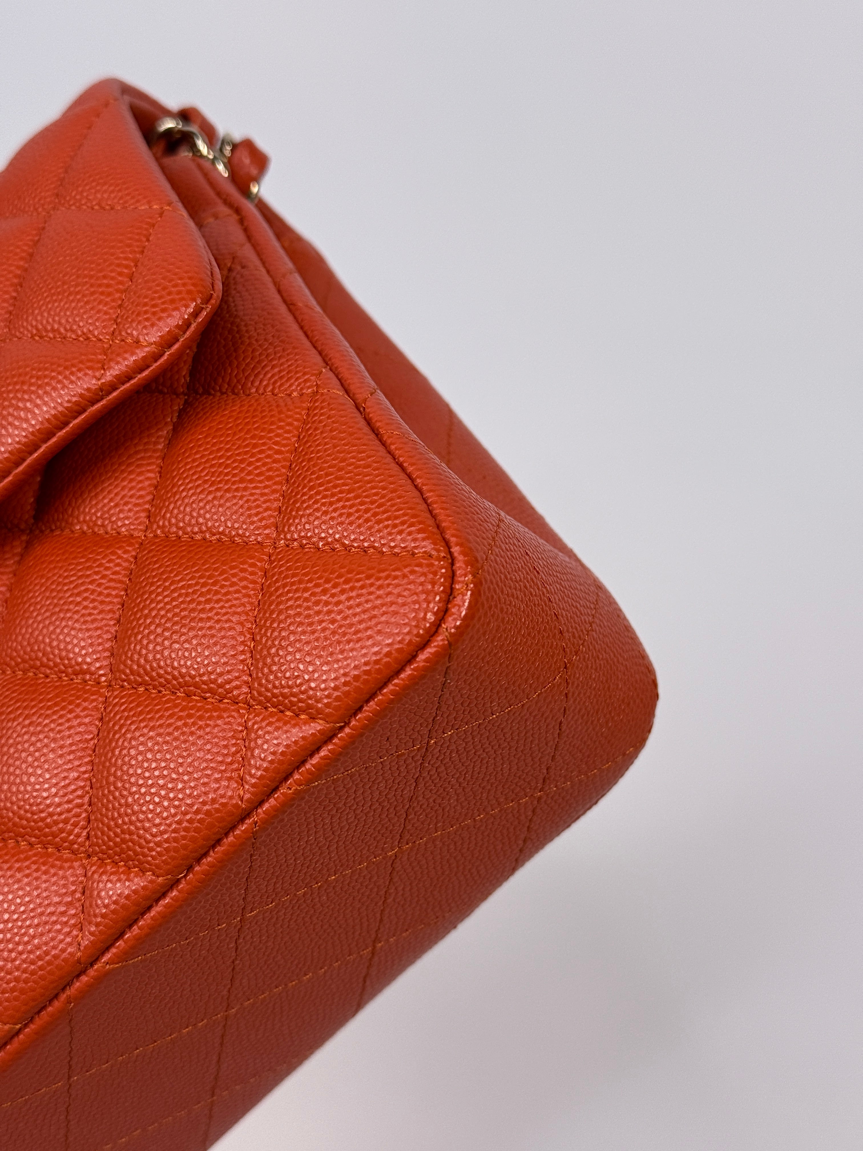 Chanel Small Classic Double Flap In Orange/Red Caviar Leather With PGHW