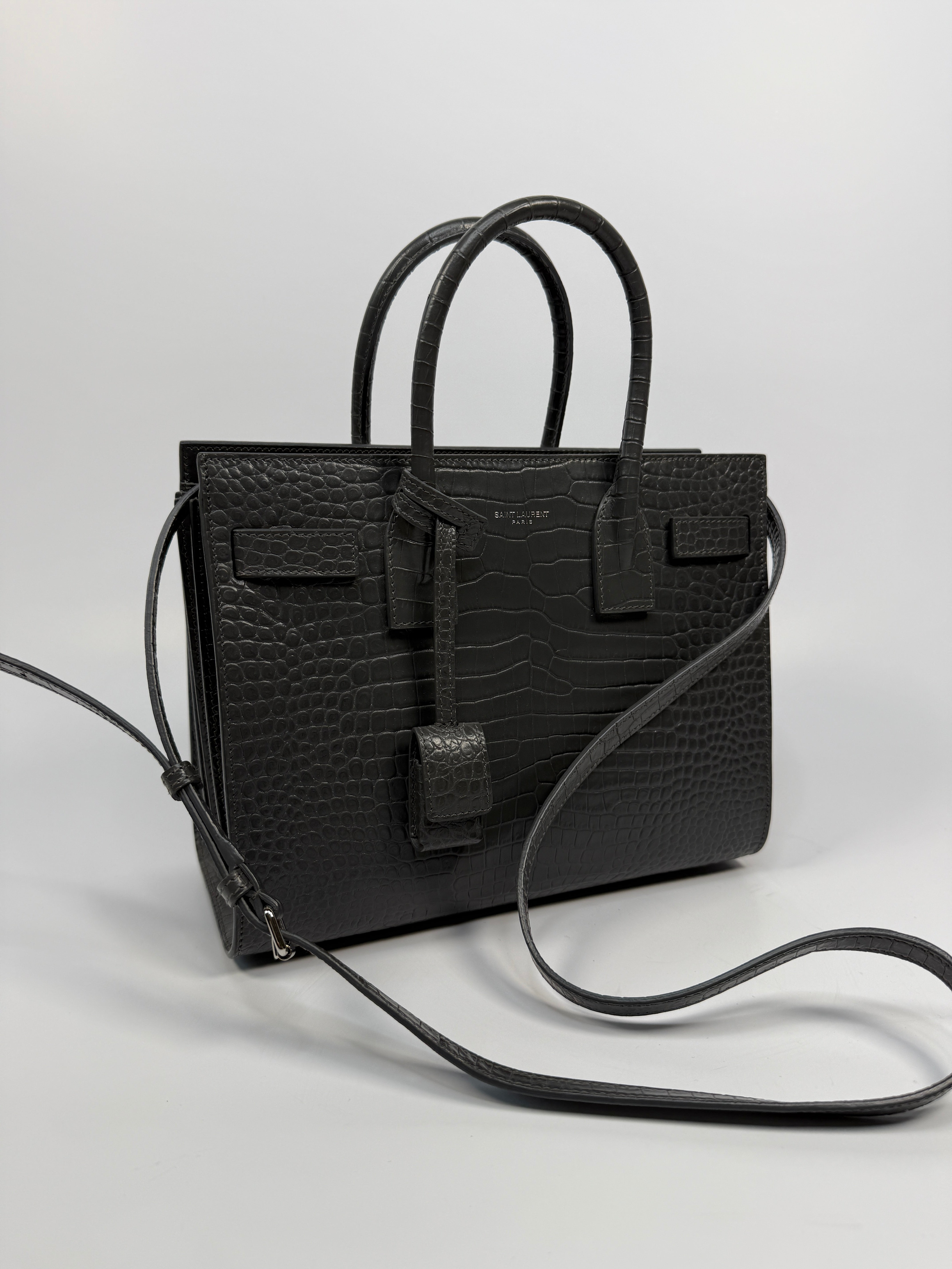 Saint Laurent Small Sac De Jour In Grey Croc Embossed Leather With Silver hardware, authentic and preloved in excellent condition