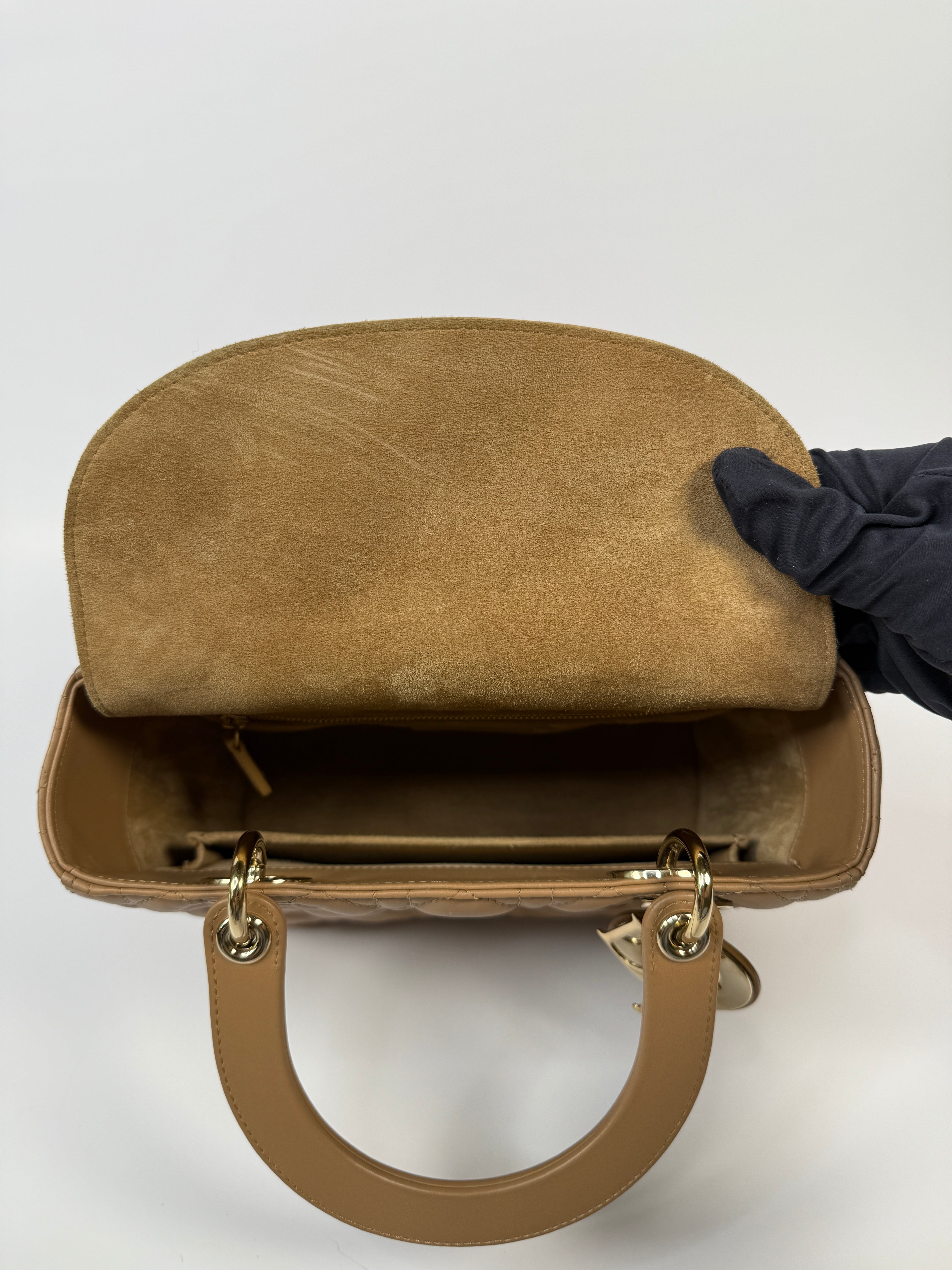 Authentic pre-loved Christian Dior Medium Lady Dior Bag in gold with gold hardware