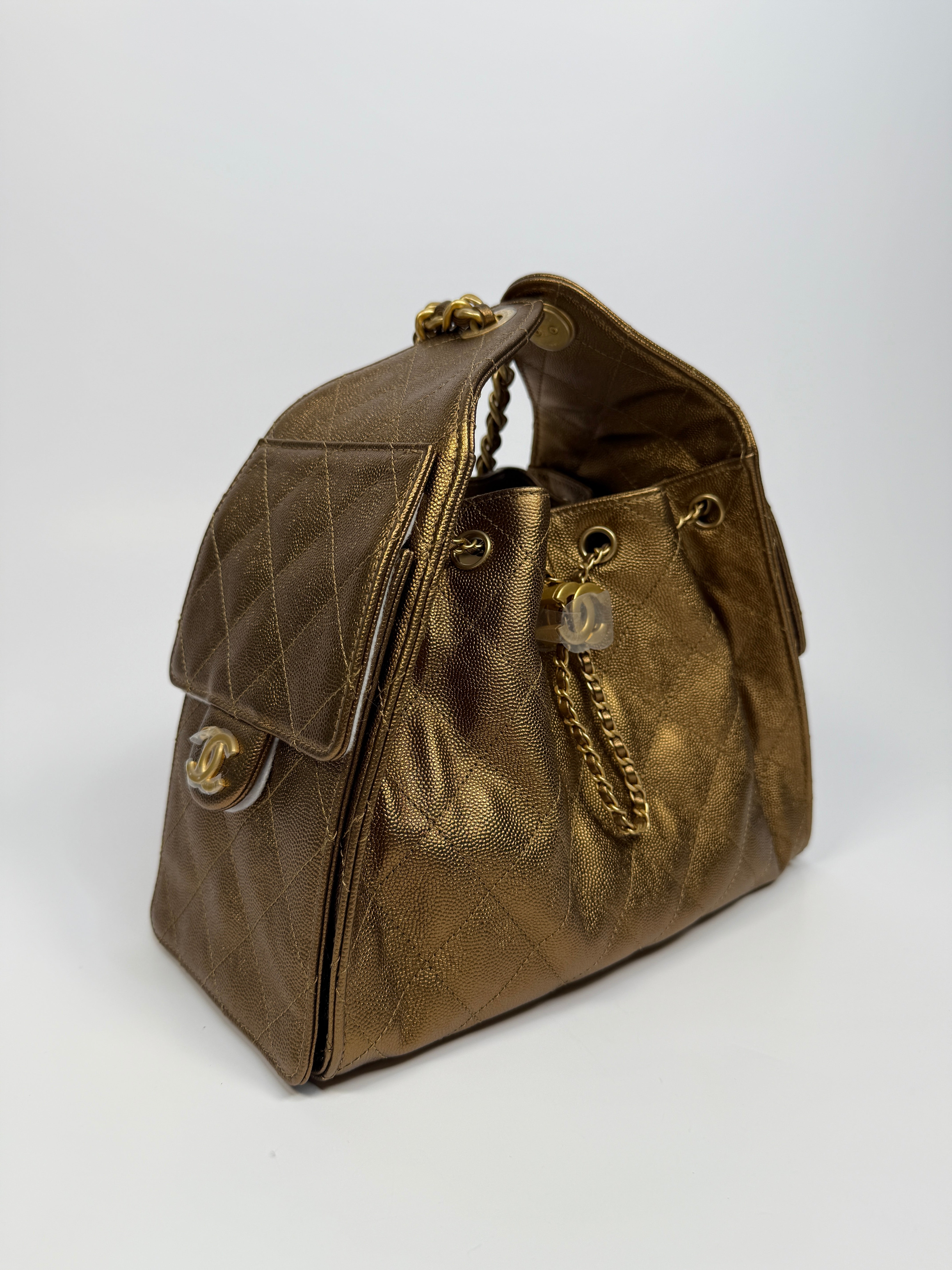 Authentic pre loved Chanel 25 Small In Metallic Bronze Caviar Leather With Gold hardware