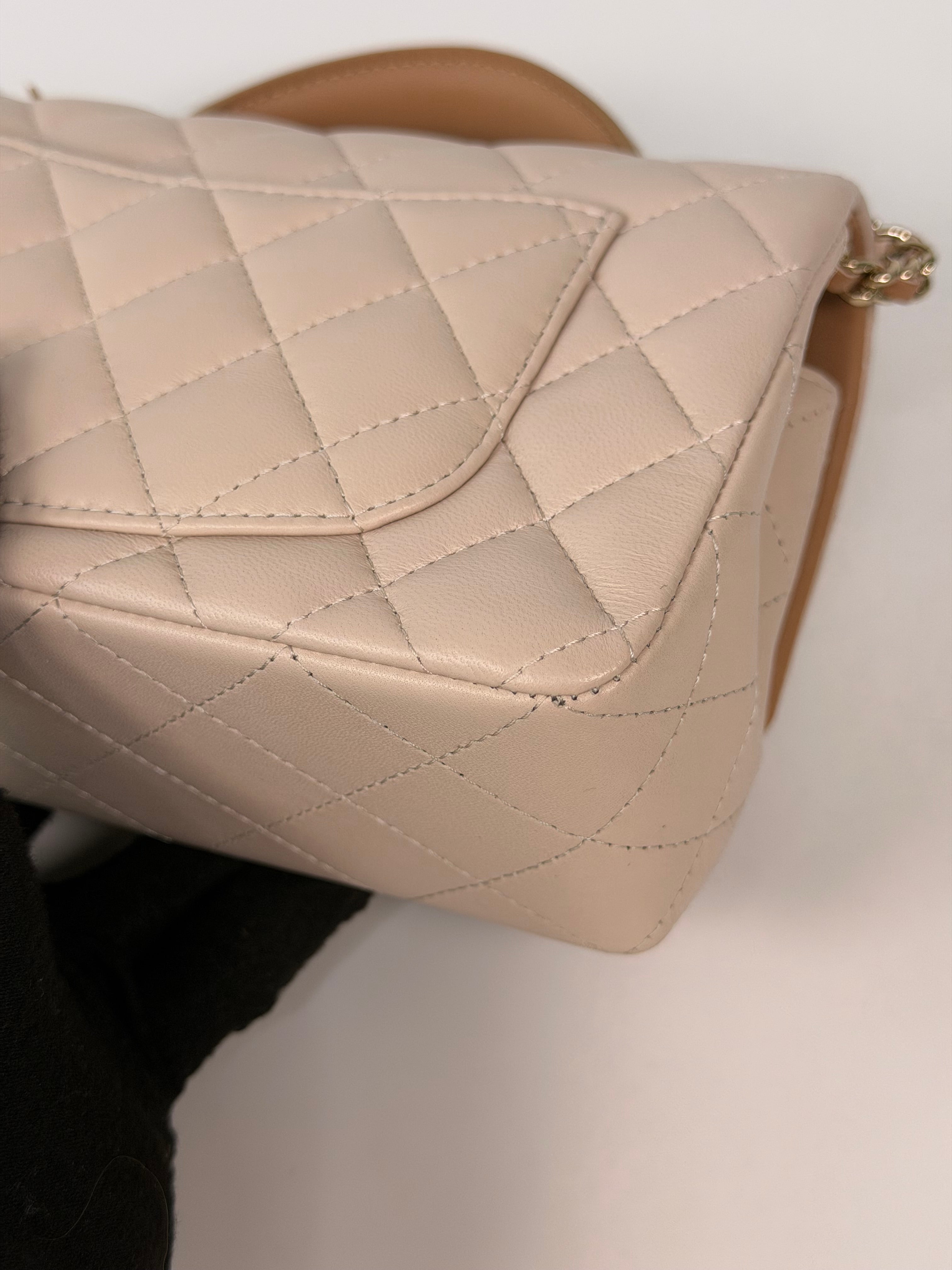 Chanel Mini Rectangle Top Handle In Light Beige Lambskin Leather With Pale Gold Hardware