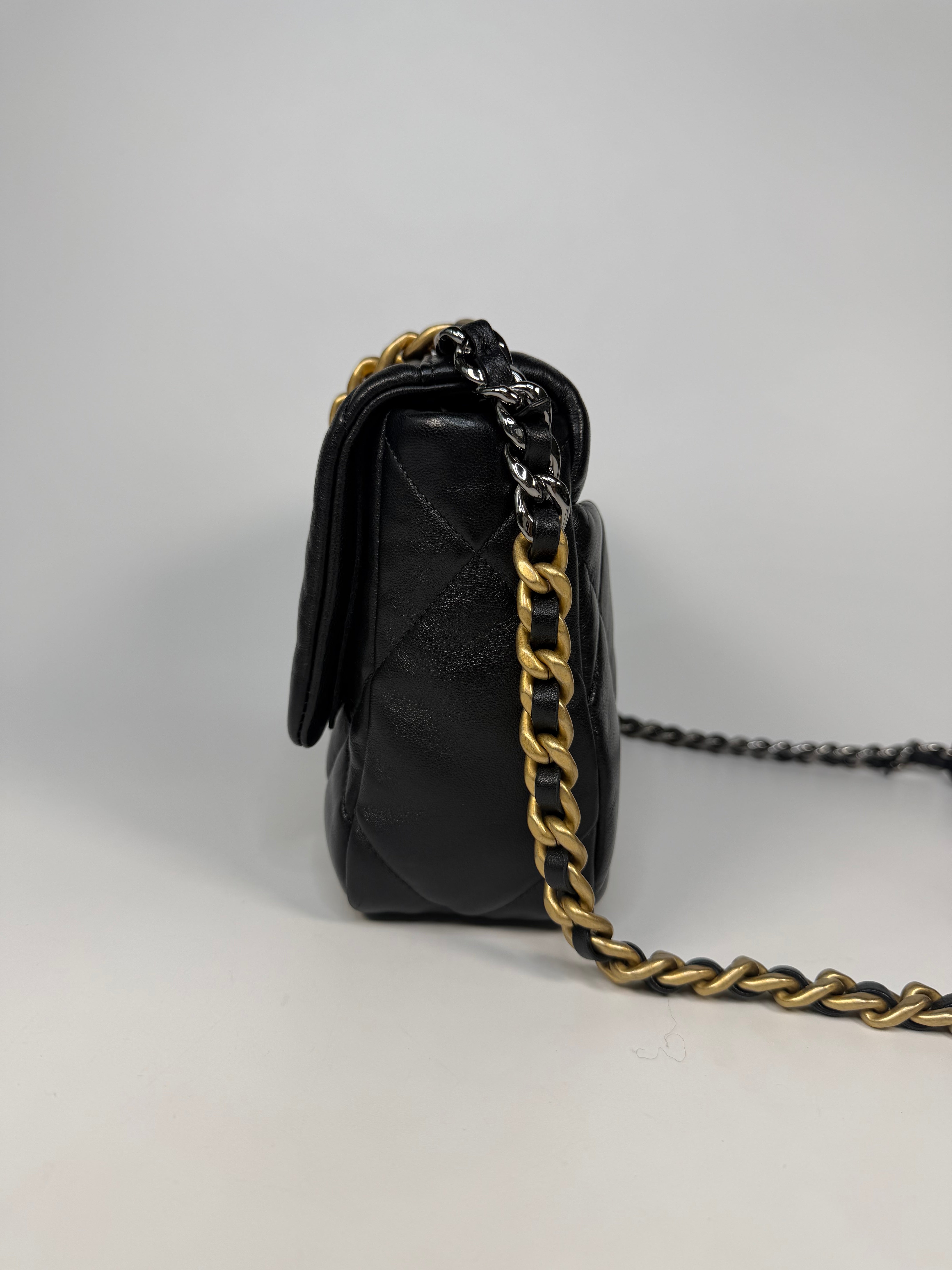 Chanel 19 Small In Black & White Leather With Mixed Hardware. Authentic and preloved in very good condition. Verified by Luxe Cheshire.