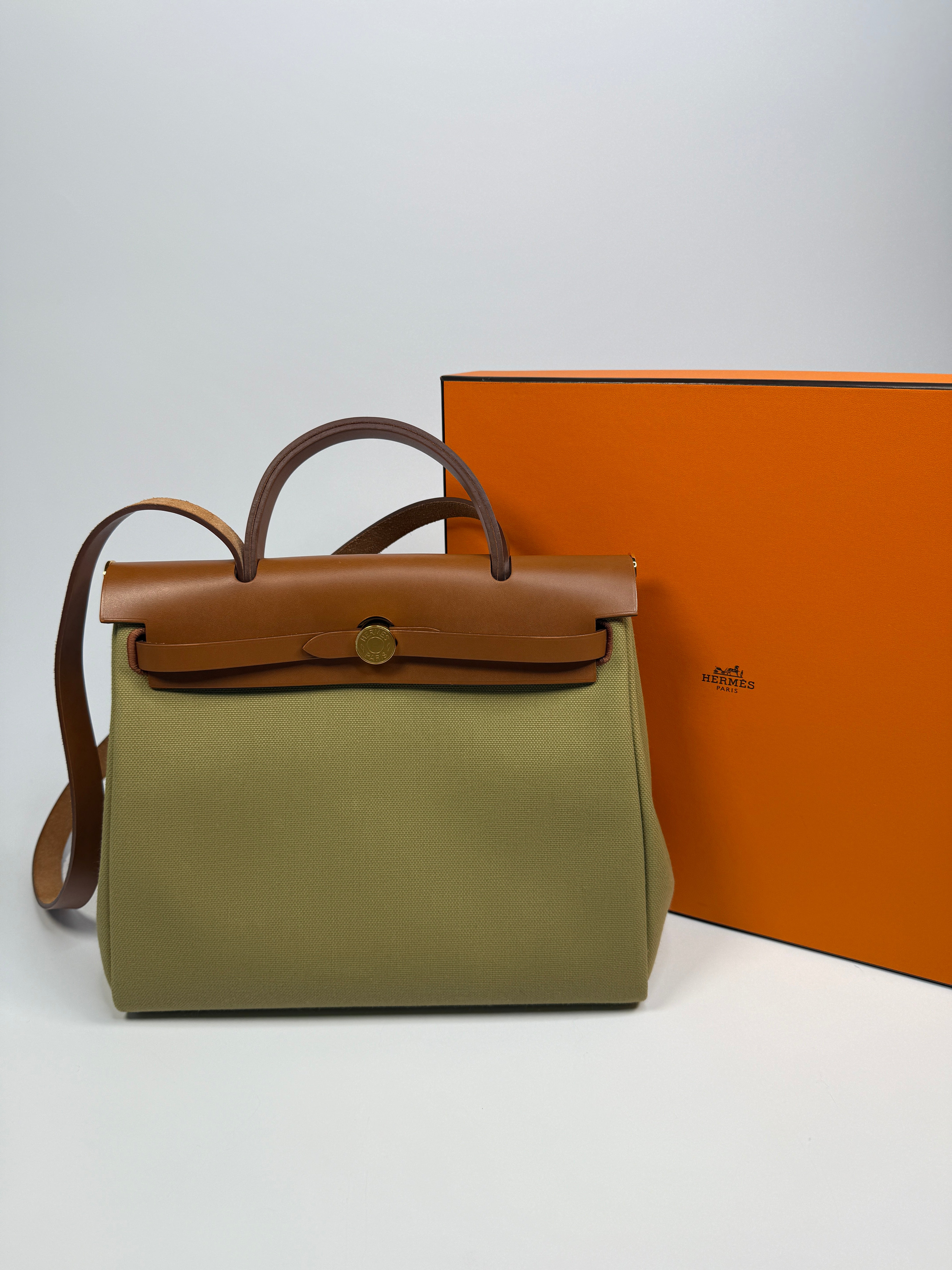 Authentic Pre Loved Hermès Herbag 31 Zip Retourne in Poussière Fauve with Gold Hardware Excellent Condition