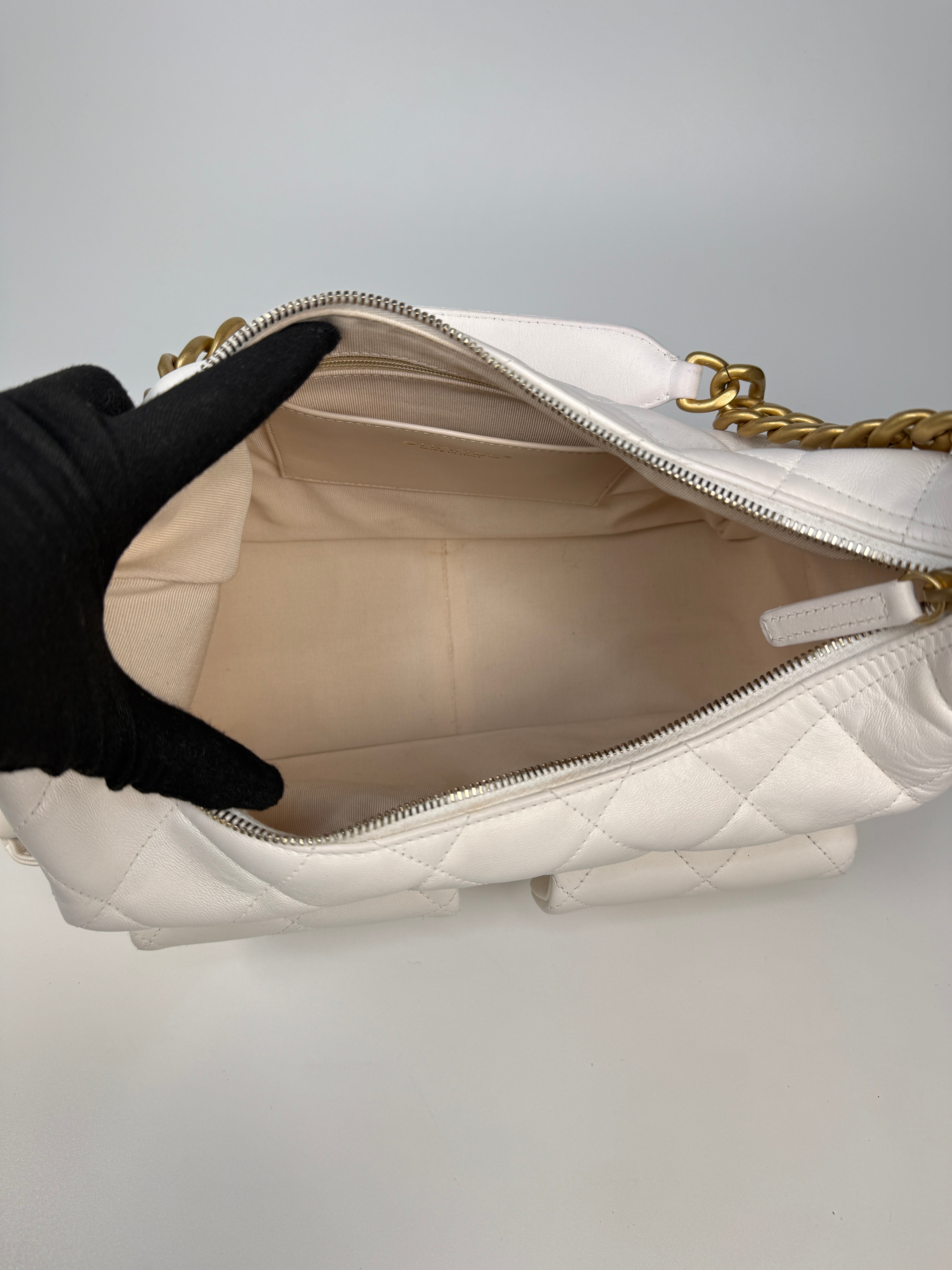 Chanel Quilted Pockets Bag In White Lambskin Leather With Gold Hardware