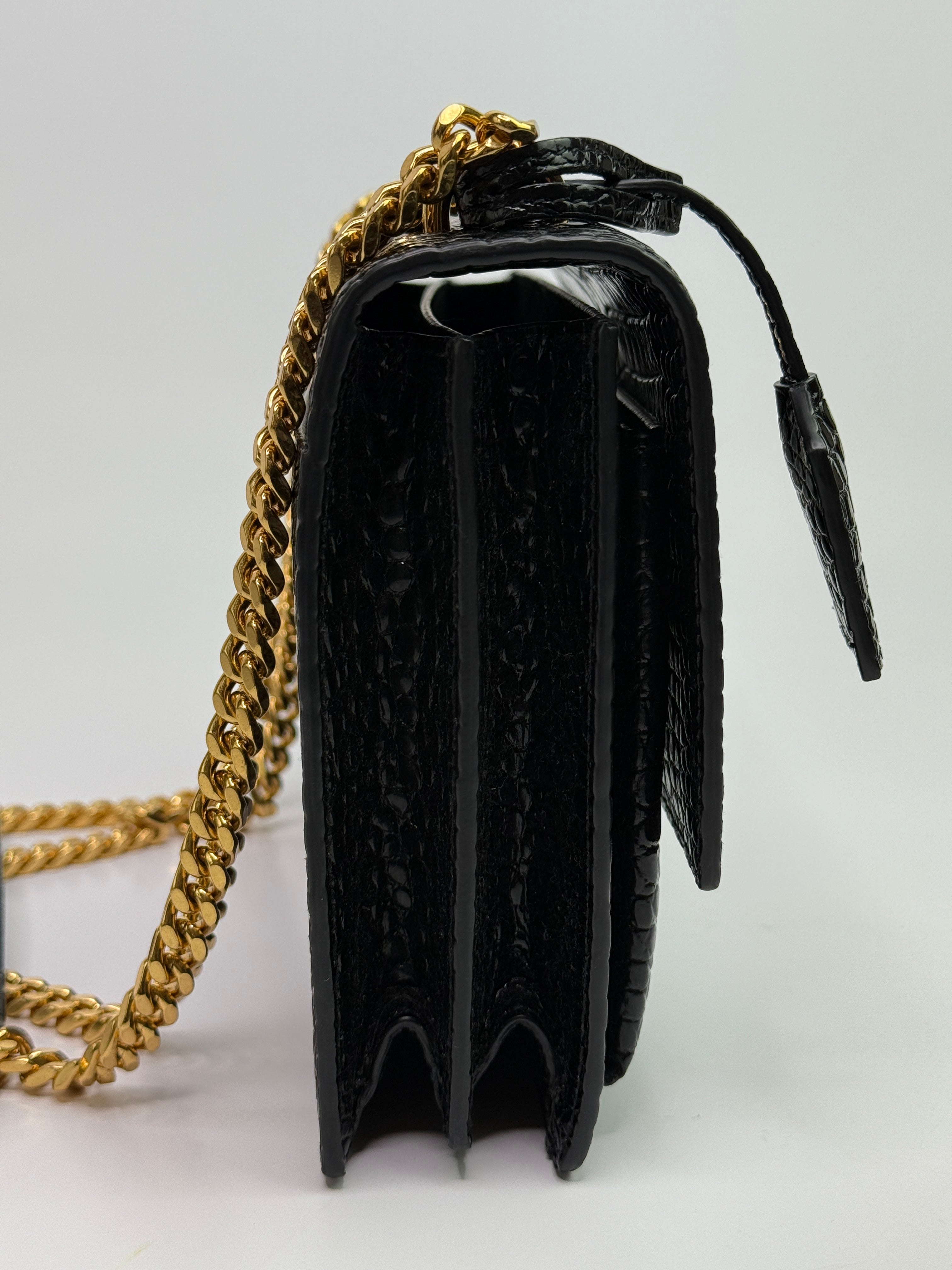 Saint Laurent Black Croc Embossed Sunset Bag
