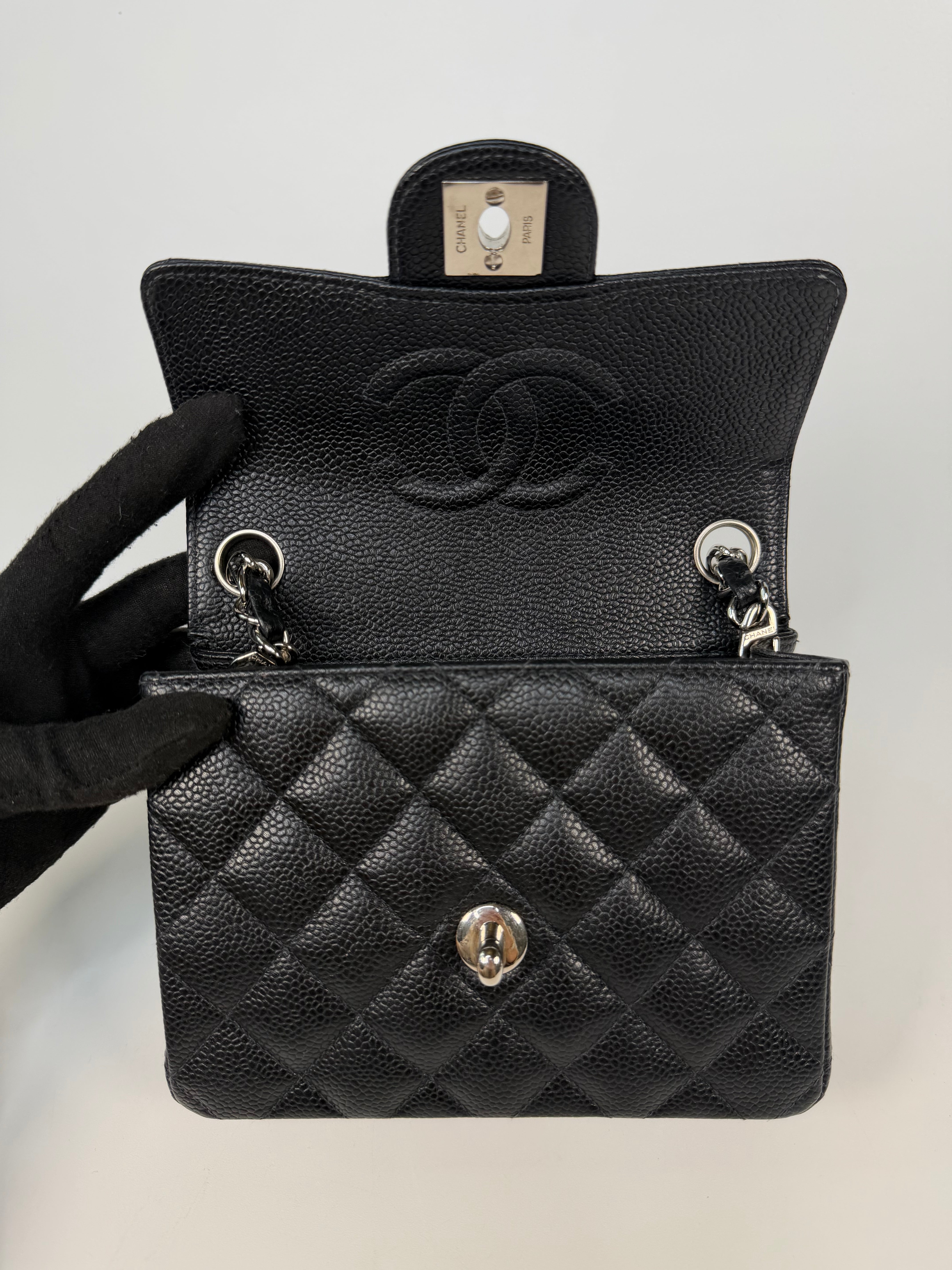 Chanel Vintage Mini Square Flap In Black Caviar Leather With Silver Hardware