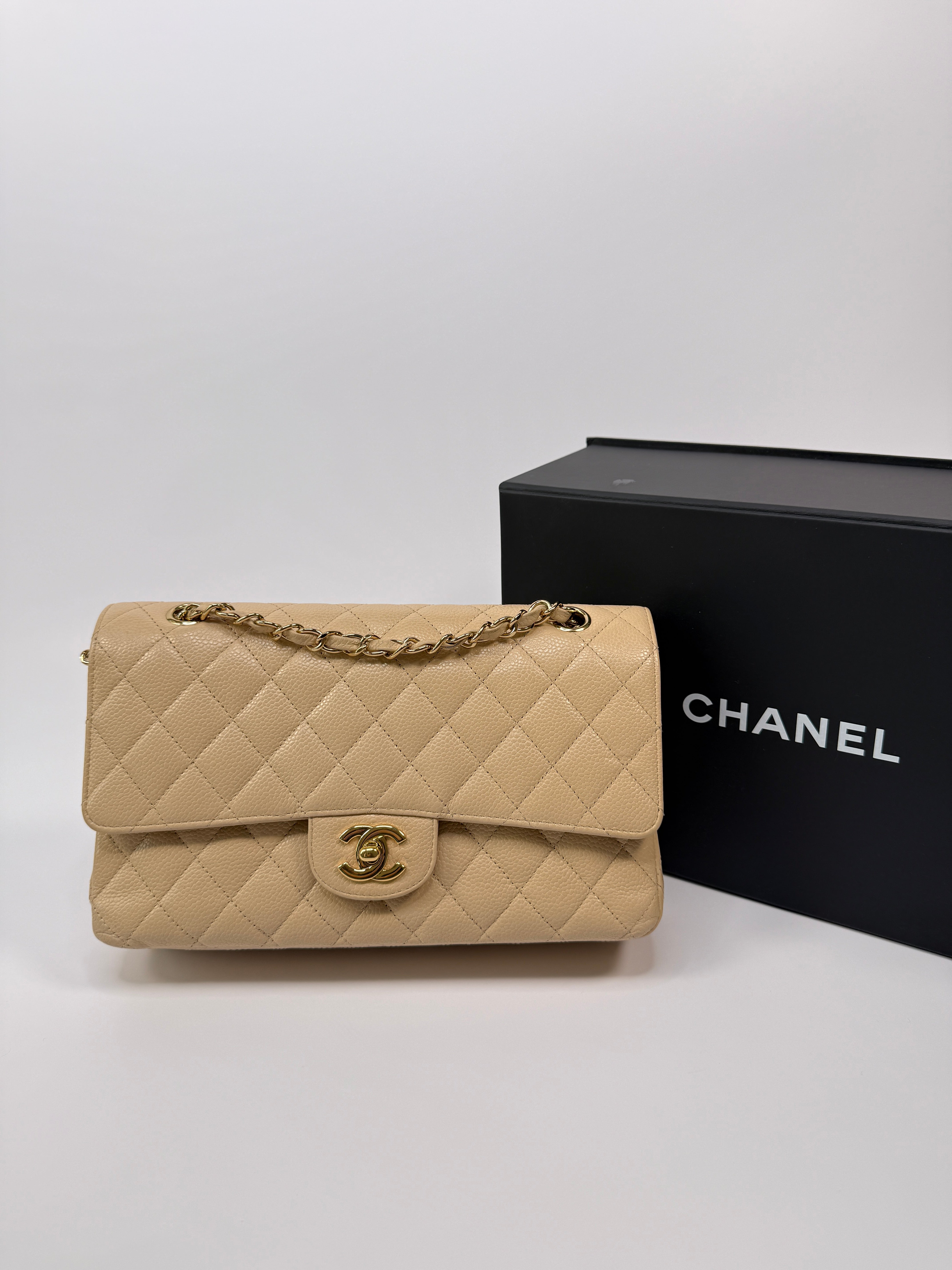 Chanel Medium Classic Double Flap Beige Caviar Leather With Gold Hardware
Pre Loved & Authentic 