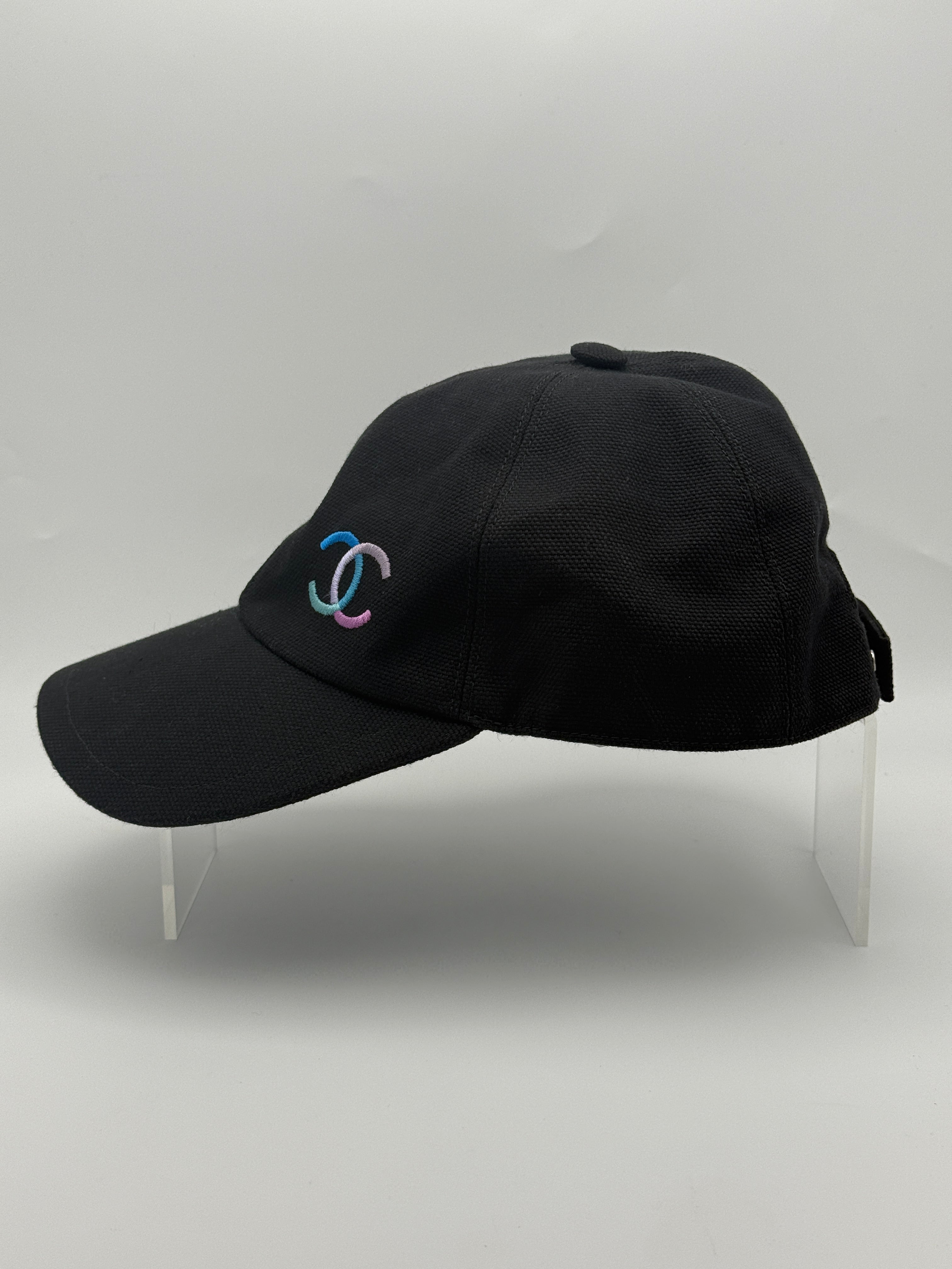 chanel cc cap black with multi coloured logo Authentic and preloved In Very Good Condition. 100% Authenticity Guarantee 