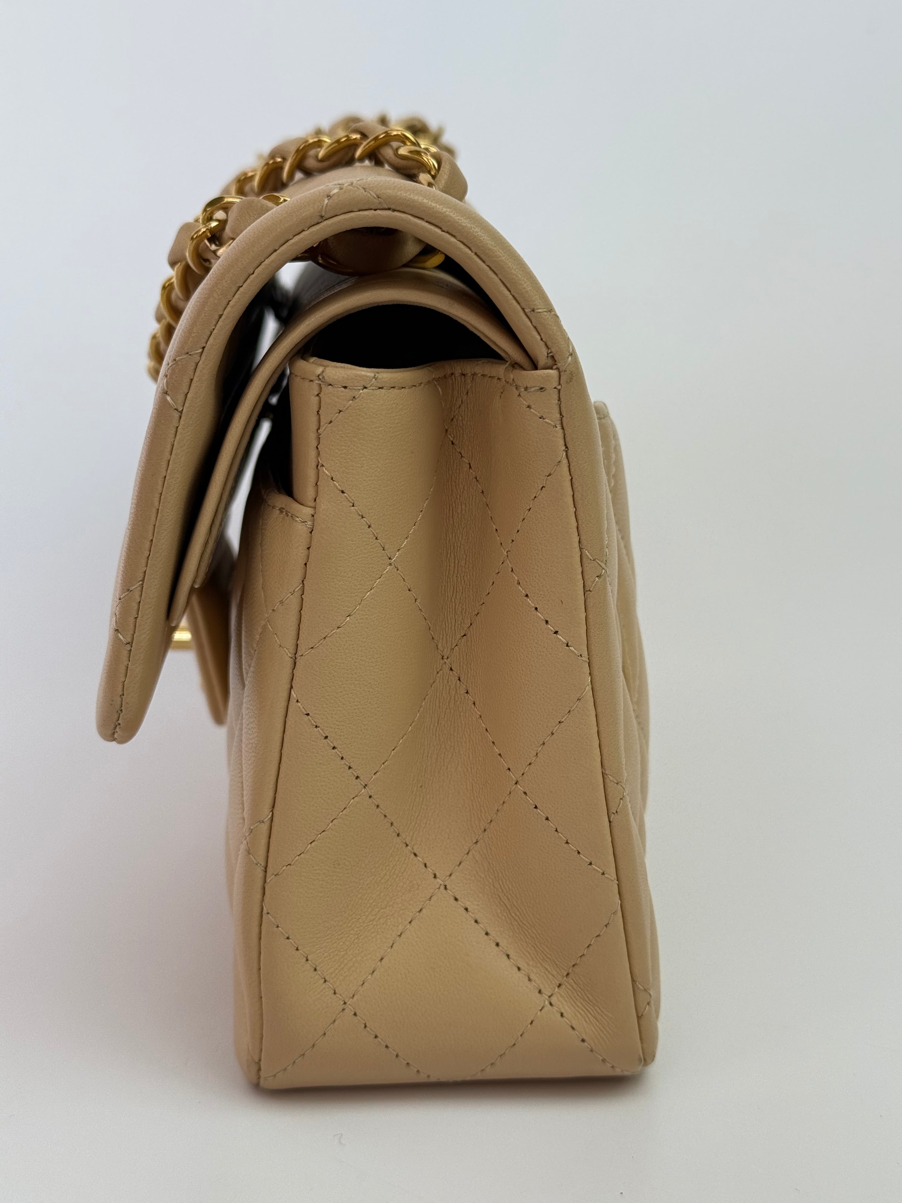 Chanel Small Classic Double Flap In Beige Lambskin With GHW