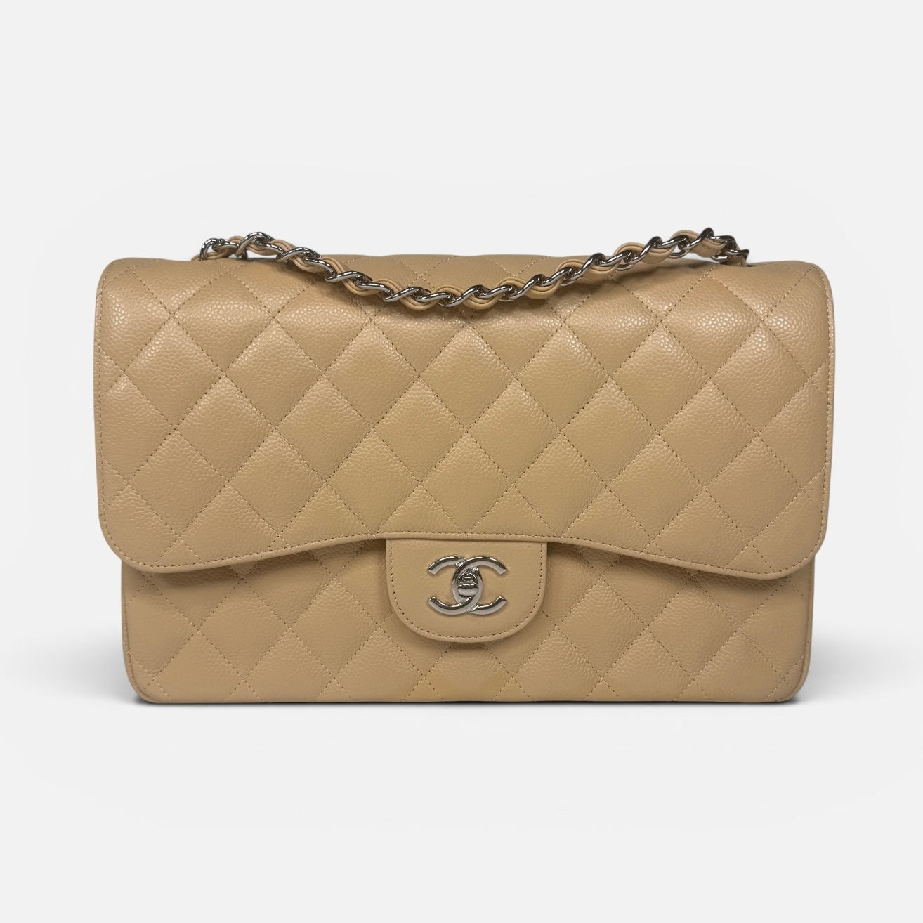 Chanel Jumbo Classic Flap Bag In Beige Caviar Leather With Silver Hardware