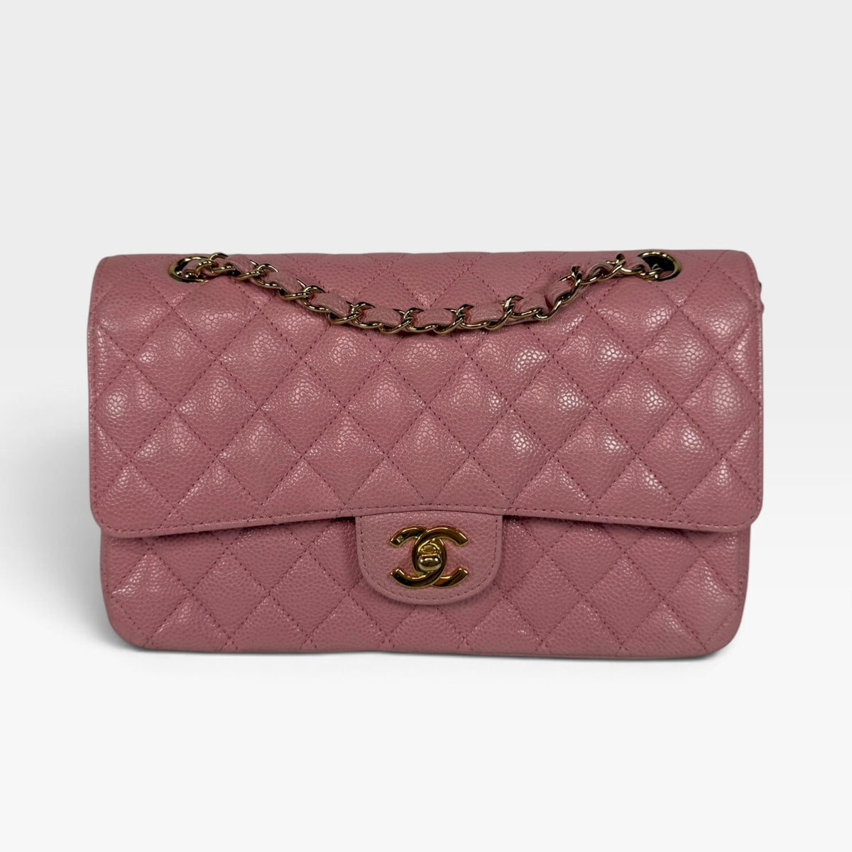 Chanel Vintage Medium Classic Double Flap In Pink Caviar Leather With 24Kt Gold Hardware 100% authentic and preloved in excellent condition
