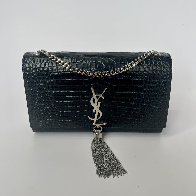 Saint Laurent Black Croc Embossed Kate Tassel Bag