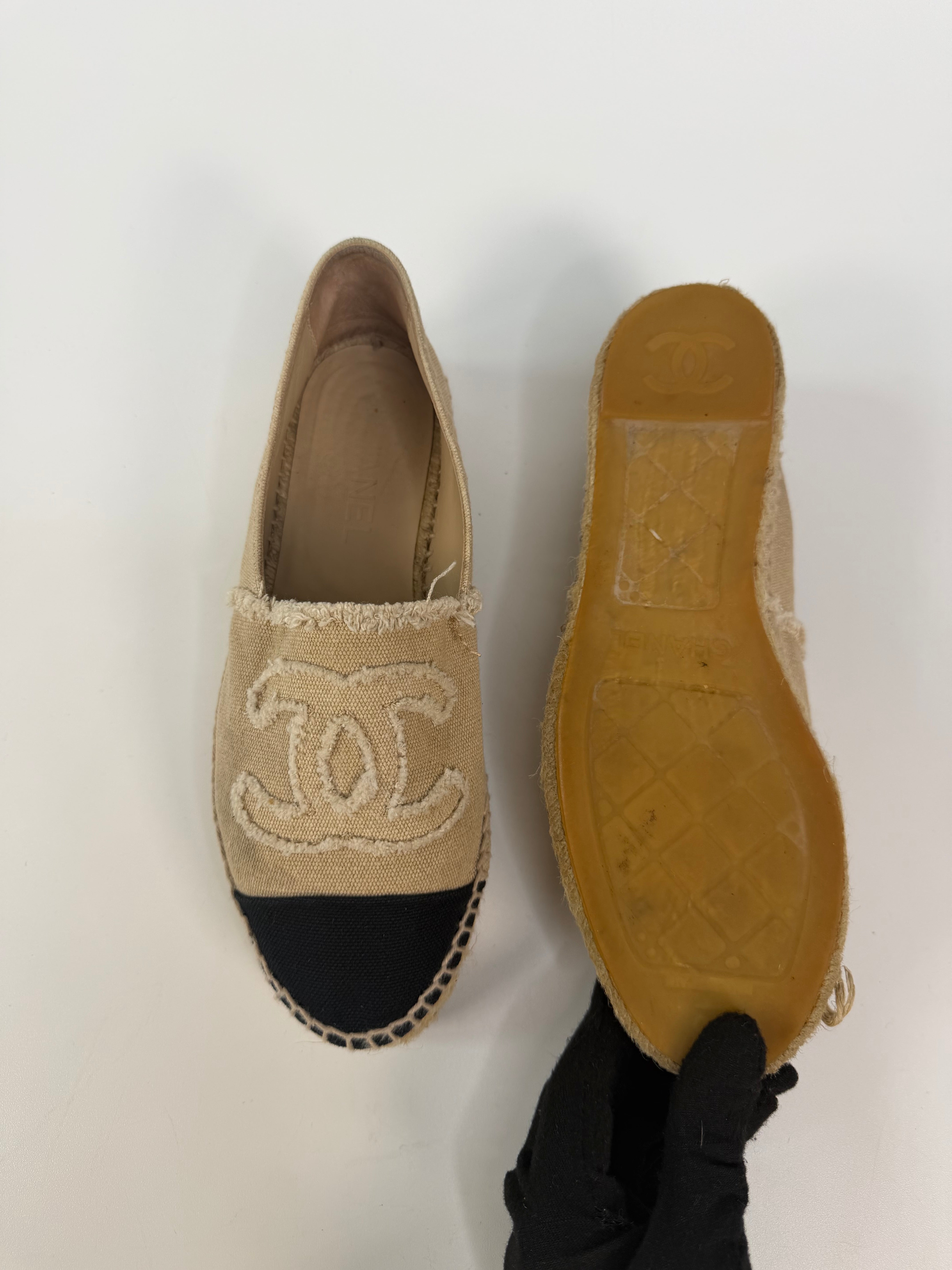 Chanel Espadrilles In Black & Beige Embroidered Fabric (Size 36/ UK3). 100% authentic and preloved in excellent condition