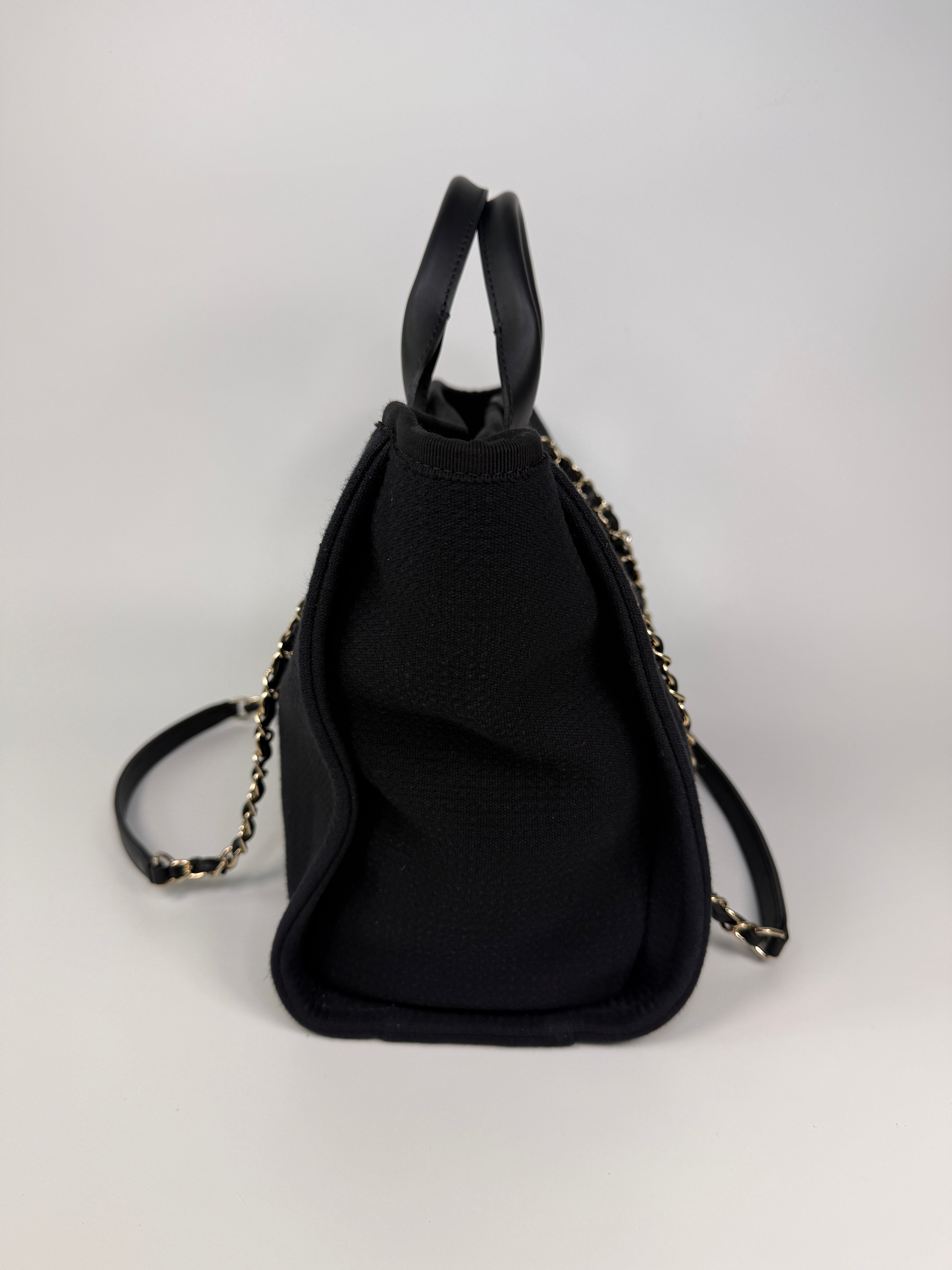 Chanel Small Deauville Tote Bag In Black With Pale Gold Hardware 