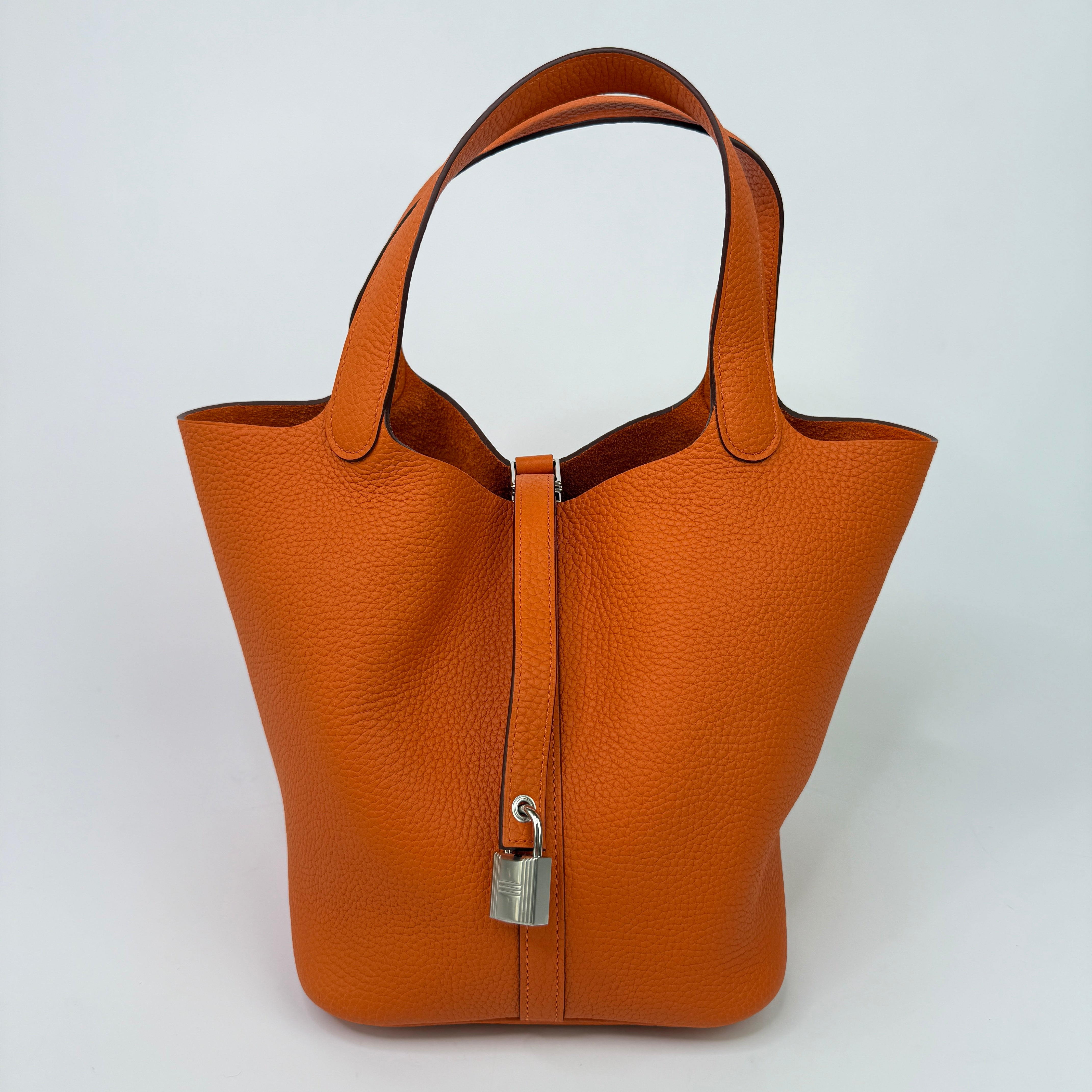 Authentic Pre Loved Hermès Picotin 22 In Orange Clemence Leather With Palladium Hardware New & Unused Condition