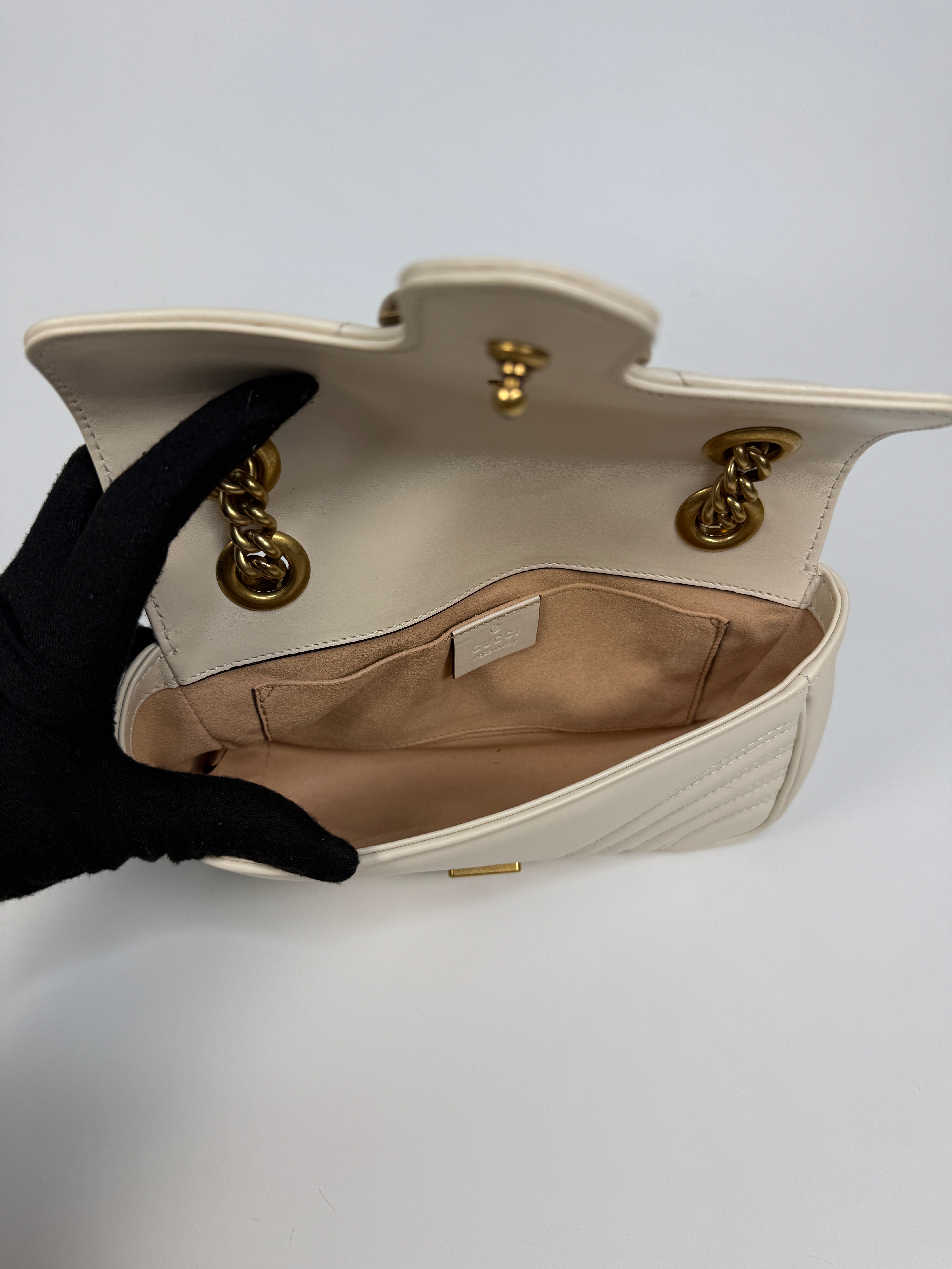 Gucci GG Small Marmont Matelasse Shoulder Bag In Ivory Leather With Gold Hardware 